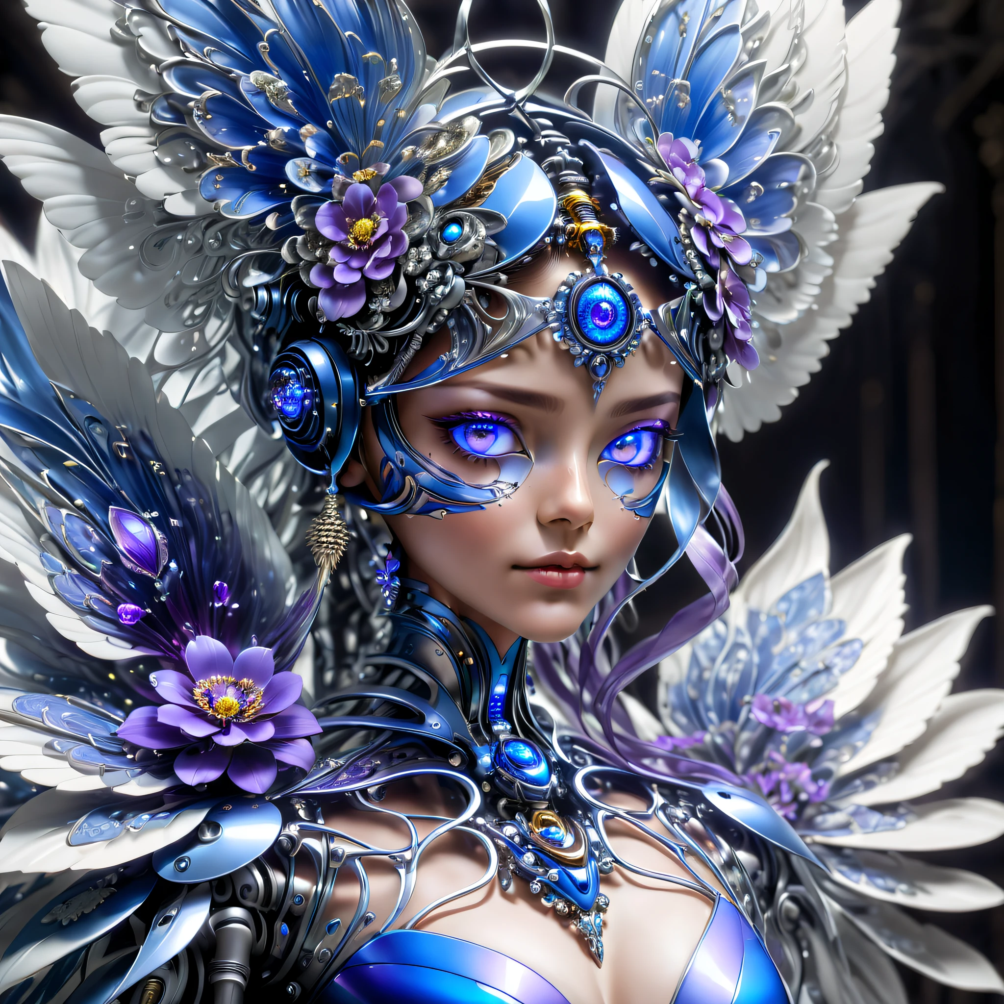 Metal flowers are the perfect combination of future technology and art. They show the perfect integration of high technology and natural beauty in a unique way.The whole body of the metal flower is composed of high-tech mechanical parts. The bionic eyes and detailed feather design make it more vivid and realistic in shape.The design of the metal head and peck gives it a commanding presence, while the metal claws and wings demonstrate its superb craftsmanship.The electric blue and bright purple light emitted by the metallic flowers make people feel like they are in a futuristic science fiction atmosphere.Suspended in mid-air, its vividly glowing eyes and reflective metal surfaces complement the gloomy environment, creating an ominous and mysterious atmosphere.The dynamic posture and motion blur effect of the metal flower further highlight its sense of technology and fashion, as if it is a messenger from the future world.The design of the metal flower also incorporates advanced sensors, complex algorithms, and future propulsion systems, giving it extraordinary precision and a dynamic appearance.The streamlined aerodynamic shape and laser-scanned pattern demonstrate its design concept of equal emphasis on technological progress and beauty.The application of holographic projection and light-emitting circuit lines makes the metal flowers more beautiful and unforgettable. With its avant-garde design and high-tech elements, it shows the infinite possibilities of future technological development, and at the same time, it also brings people's appreciation of the beauty of nature. The spirit of pursuit and technological innovation is perfectly combined to become a very cool and amazing piece of art.