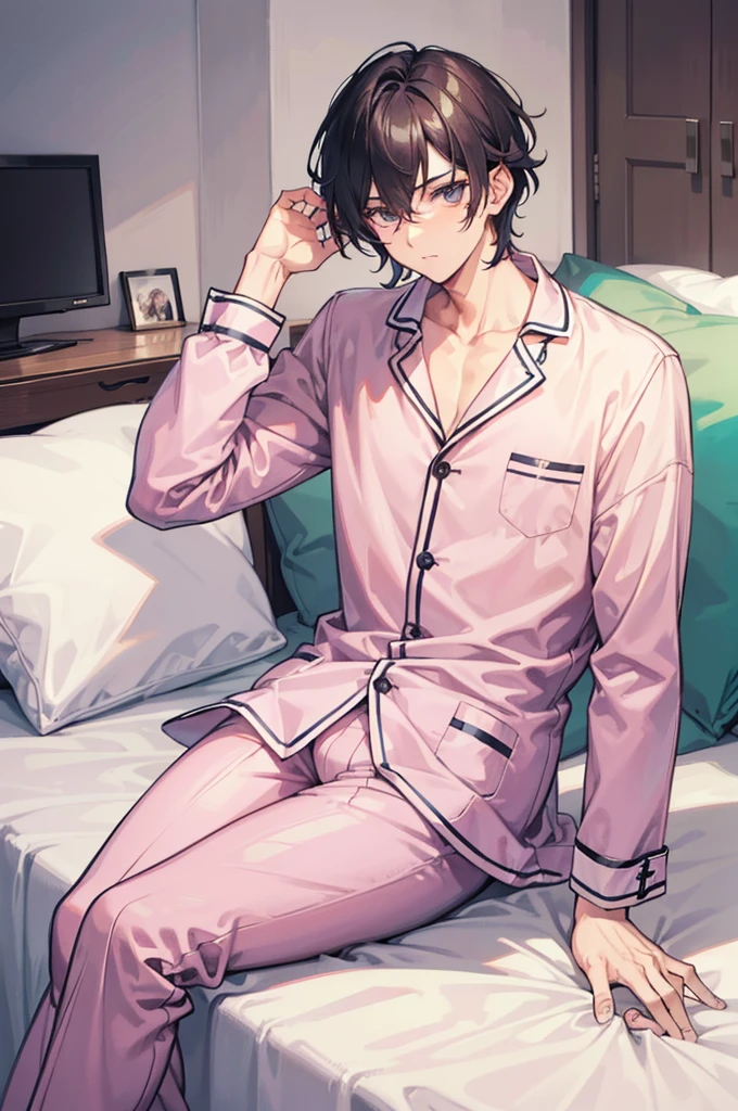 solo male amagi hiiro, red hair, blue eyes, messy short hair, 1girl, cat ears, wearing pink pajamas, slim waist, bottomless slim legs, sitting on bed, droll, bedroom, sleepy, half naked, erection, cum