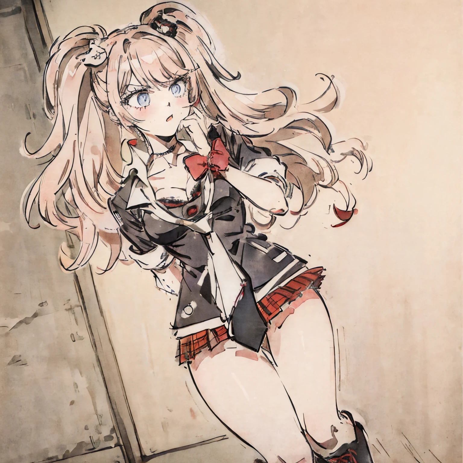 Junko Enoshima, pink gold long hair, 1girl in, Twin-tailed, 独奏, blue eyess,, bangss, bear hair ornament, (red claw), Red ribbons, Black shirt, undergarment, a choker, Black bra, cleavage of the breast, 鎖骨, Rolled up sleeves, white necktie, Red skirt with pleated plaid pattern, (student clothes), Black Cross Lace Knee Boots, Glossy, shinny hair, School scenery, school hallway, School windows, Tsundere、kawaii、get angry、get blush、Opening Mouth、a school bag、Beautiful hands、forefinger、Five Fingers、(Toenails)、(red claw), free pose, Ink wash painting style