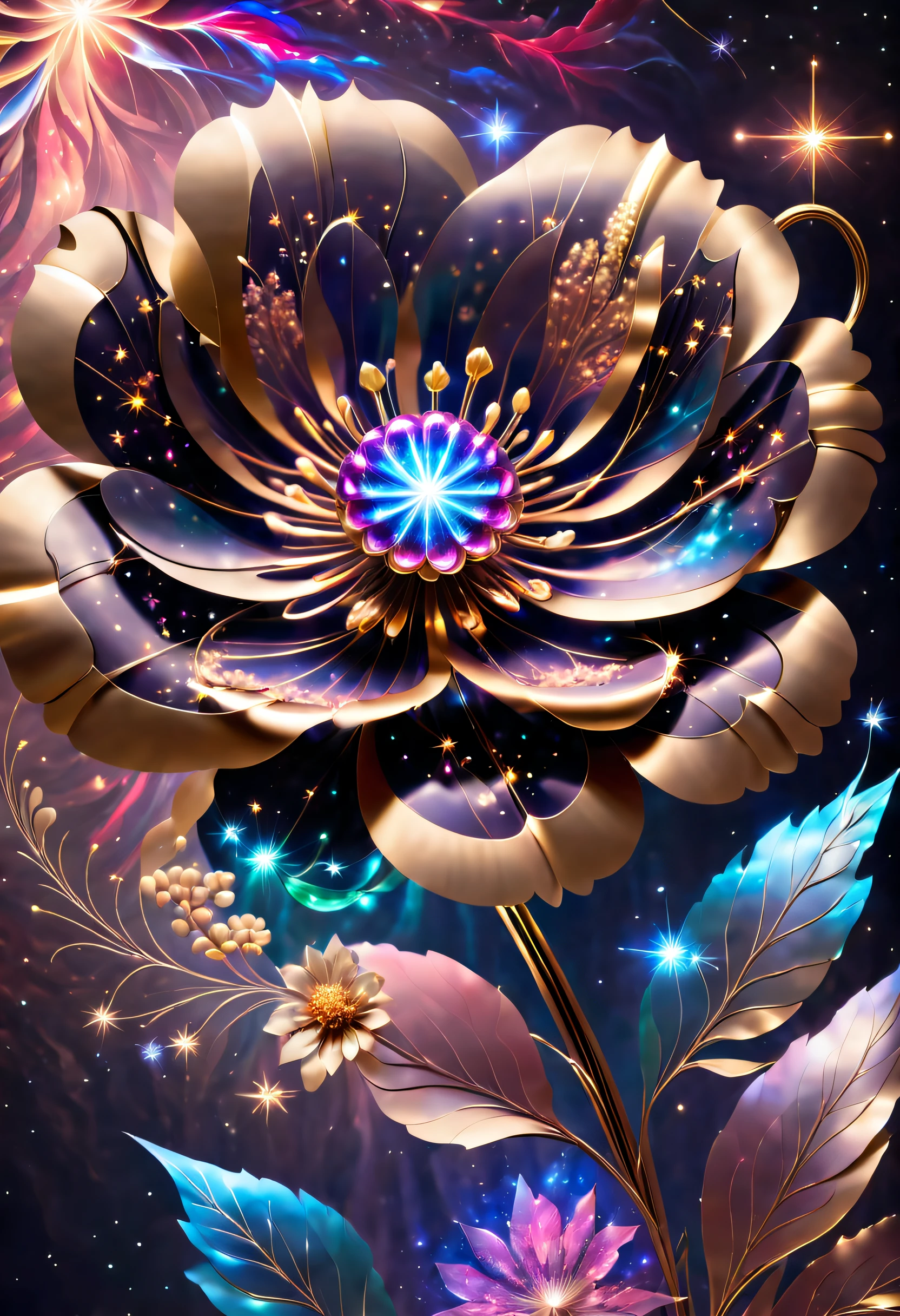 The exterior of this metal flower is made from a large piece of transparent Vibranium,The interior of Vibranium seems to be inlaid with countless tiny stars and nebulae,flashing light flashing,forming a flowing cosmic scene。The entire metal flower is surrounded by the dazzling starry sky,It's like traveling through time and space,Immerse yourself in a mysterious universe。Metal flower is no longer a traditional mechanical structure,Made up of tiny laser beams,Each spin leaves a beautiful trail of light in the space。These laser petals radiate outward from the center,It's like starlight in the universe,Full of mystery and energy。The beauty of metal flowers is no longer limited by the soil,Follow the flow of the laser pointer,Presents fantastic visual effects,Let people feel the flow of time and the rhythm of the universe。The petals of the metal flower are made of futuristic technological materials,It's covered in glowing LED devices,Like a starry city。The LED lights of the metal flower will show colorful lights and shadows,It is as beautiful and mysterious as a nebula,Makes you feel as if you have traveled to another dimension,metal flower,IvoryGoldAI