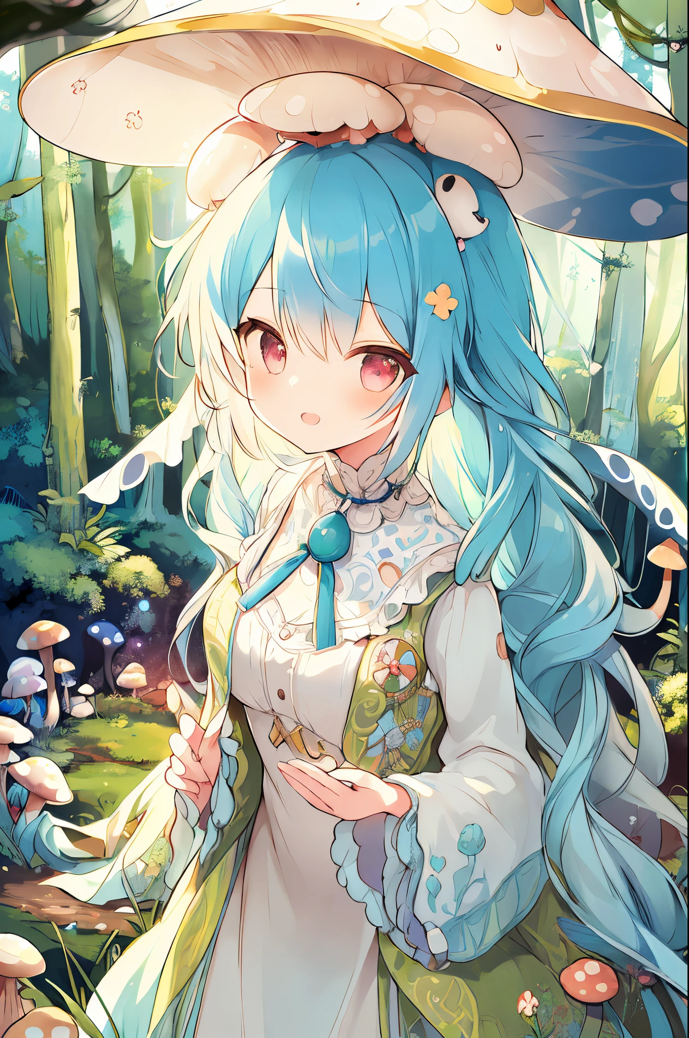 (a girl with) mushroom on head, detailed curly hair, colorful mushrooms all over, vibrant colors, fantasy style, ethereal lighting, best quality, ultra-detailed, dreamy atmosphere, magical forest background, whimsical, surreal scene.