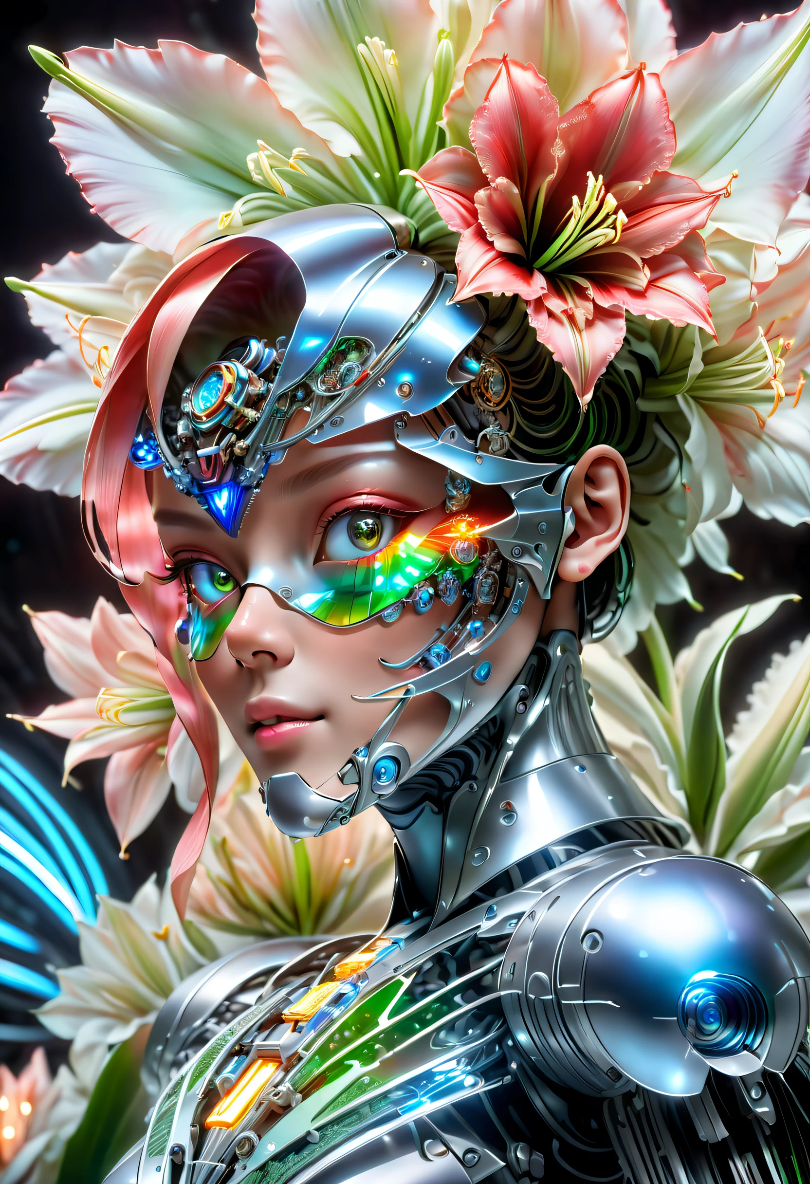 Flower of Cybertron, (1 amaryllis flower made with futuristic transparent Vibranium: 1.3), Vibranium metal flowers,Colorful neon lights, High-tech mechanical parts, Metallic body, Detailed Vibranium flower design, Bright colors, Dynamic glowing flowers, Reflective metal surface, Bright environment, dynamicposes, Delicate existence, Technological progress, Interlocking mechanical gears, Stylish design, motion blur effect, Meticulous metal machining, sci-fi vibes, Streamlined aerodynamic shape, Laser scanning pattern, holographic projections, LED light track, beautiful and unforgettable, Advanced sensors, complex algorithm, Ominous and mysterious atmosphere, electric sparks, Shiny chrome, Propulsion systems of the future, BJ_Gundam, (Best quality, 8K, A high resolution, tmasterpiece: 1.2), ultra - detailed,