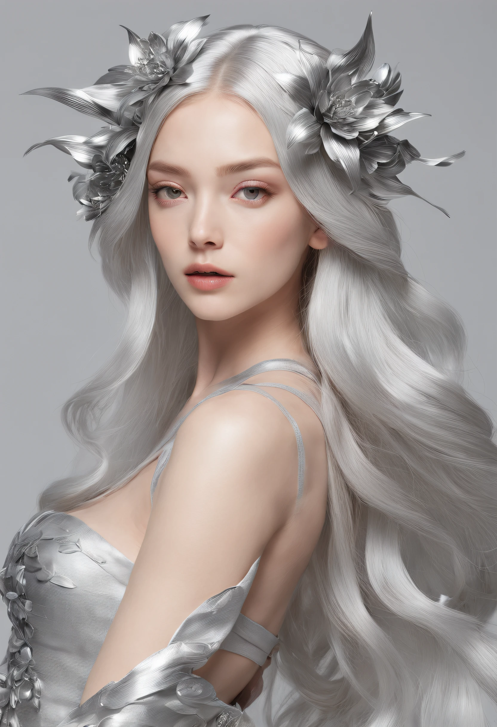 masutepiece、best composition、Photorealsitic、A hyper-realistic、Metal Flowers、Born from God's beautiful bud、Beautiful goddess with long silver hair。, Huge, metallic flower.