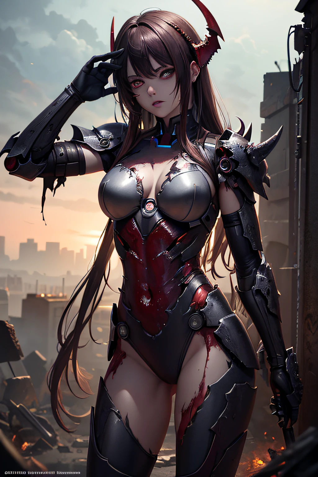 dead zombie girl, demonic iron man costume, rotting evil zombie girl, torn broken, damaged falling apart armor suit, sexi, revealing, bloody, psychotic, dark, glowing eyes, evil, combat stance, highly detailed, vibrant appearance, creative behavior, imaginative, sensual, spontaneous, small breasts, sexi, highest quality, skin texture, intricate details, (cinematic lighting), RAW photo, 8k, masterpiece,best quality,ultra-detailed,very detailed illustrations,extremely detailed,intricate details,highres,super complex details,extremely detailed 8k cg wallpaper,