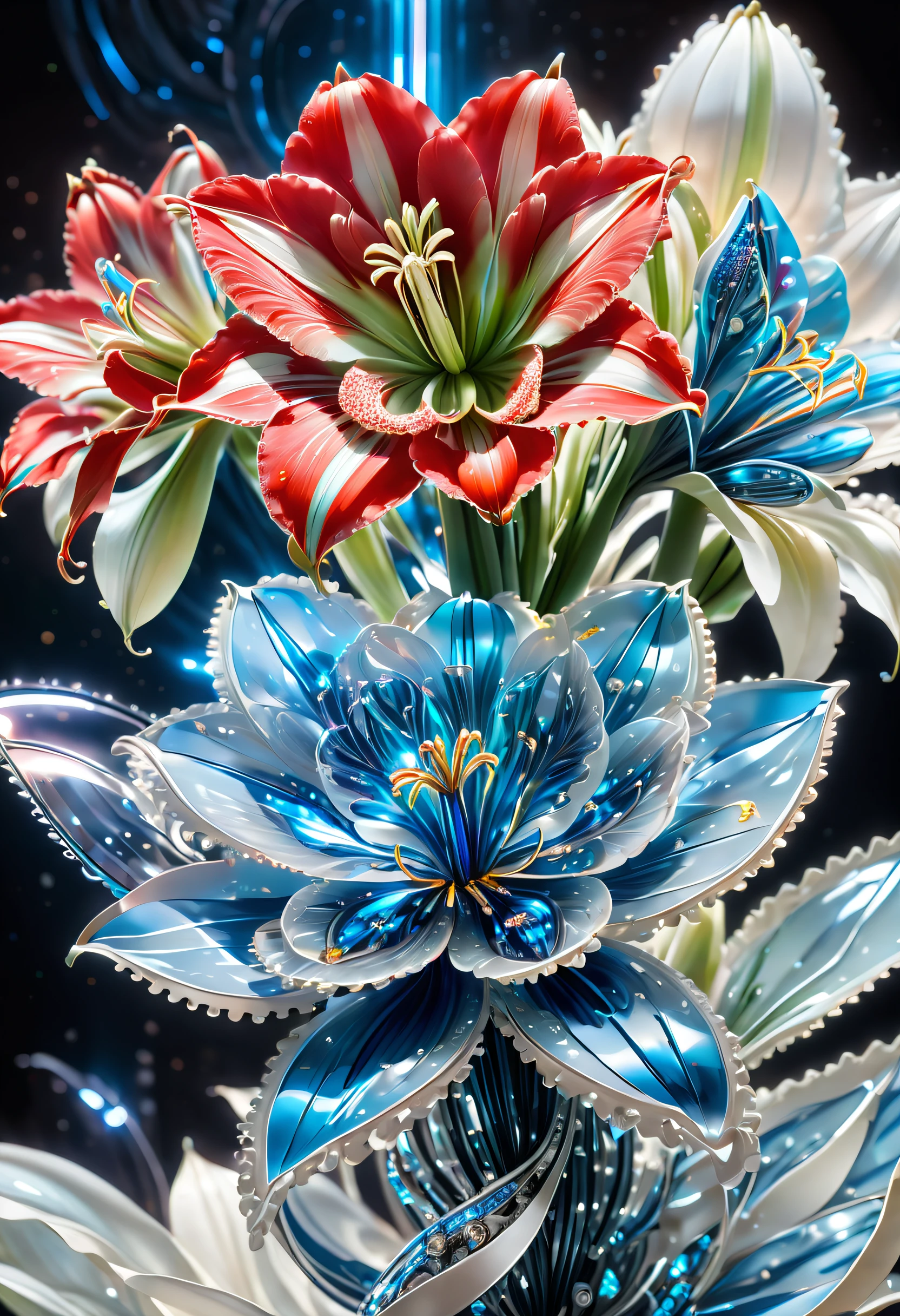 (Best quality, 8K, A high resolution, tmasterpiece: 1.2), ultra - detailed, Cybertron Star, (Amaryllis flower made of future transparent Vibranium: 1.3), (Medium shot, fully body photo: 1.5), Colorful neon lights, High-tech mechanical parts, Metallic body, Detailed flower design, blooming in blue and white porcelain, Bright colors, Dynamic glowing flowers, Reflective metal surface, Bright environment, dynamicposes, Delicate existence, Technological progress, Interlocking mechanical gears, Stylish design, motion blur effect, Meticulous craftsmanship, sci-fi vibes, Streamlined aerodynamic shape, Laser scanning pattern, holographic projections, LED light track, beautiful and unforgettable, Advanced sensors, complex algorithm, Ominous and mysterious atmosphere, electric sparks, Shiny chrome, Propulsion systems of the future, BJ_Gundam