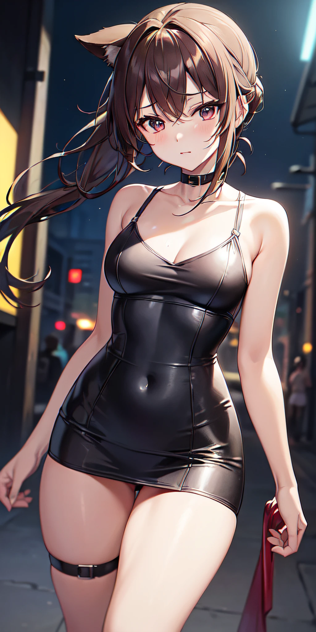 (((professional: step by step, considering even the smallest detail god level final result))): "Zettai Ryouiki, with medium light brown hair and two pigtails above her ears, 50% Revealing clothing, Show skin, ((Rave short shirt, very Low-cut shirt, Rave cowboy miniskirt, Visible thong straps)), (with a rave outfit:1.2, 30% Rave clothing), (Detailed outfit, Detailed clothing), (sexy walking pose), Solo focus, embarrassed, centered, Scale to fit dimensions, Rule of thirds, ((Night view)),(cyberpunk night street Background: 1.3, dark sky, alley, lonely alley, clouds thick, Background with intricate details), (Best quality),(high resolution),(Sharp focus),(full intricate details),(Very high quality artwork),(very fine 8K CG),((perfect piece) ), (((Masterpiece))), illustration, vibrant colors, high contrast, selective lighting, double exposure, HDR (high dynamic range), Post-processing, Background blur, transparent drees"