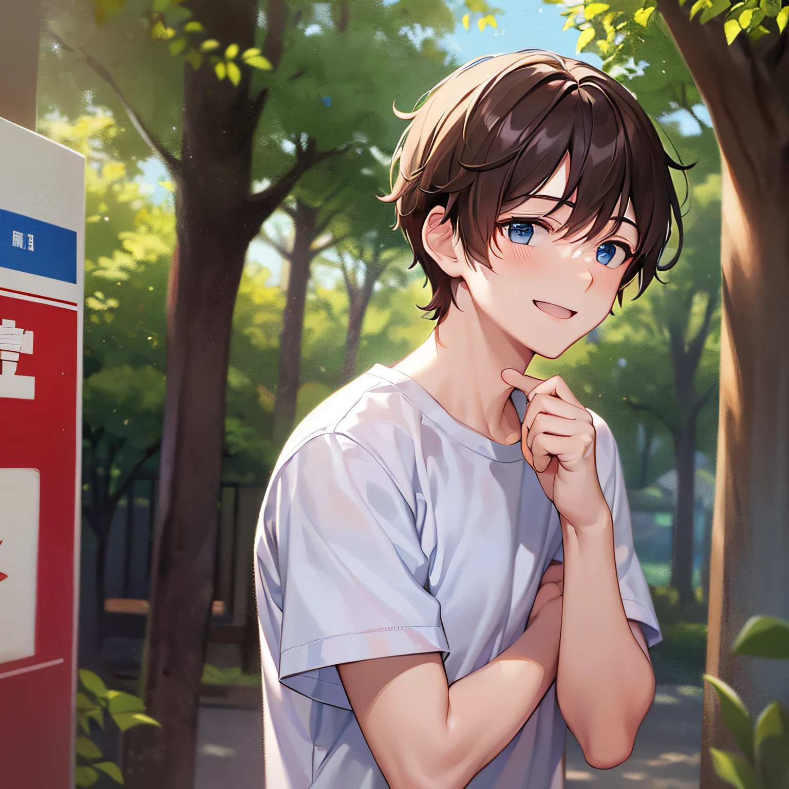 ​masterpiece、hightquality、25 year old man with short brown hair and blue eyes、Like a cartoon in Japan、wearing white t-shirts、(Alone:1.5)、(Embarrassed and smiling expression:1.1)、(Only the upper body is shown.:1.3)、Hands raised、The background is a park、Bold composition、