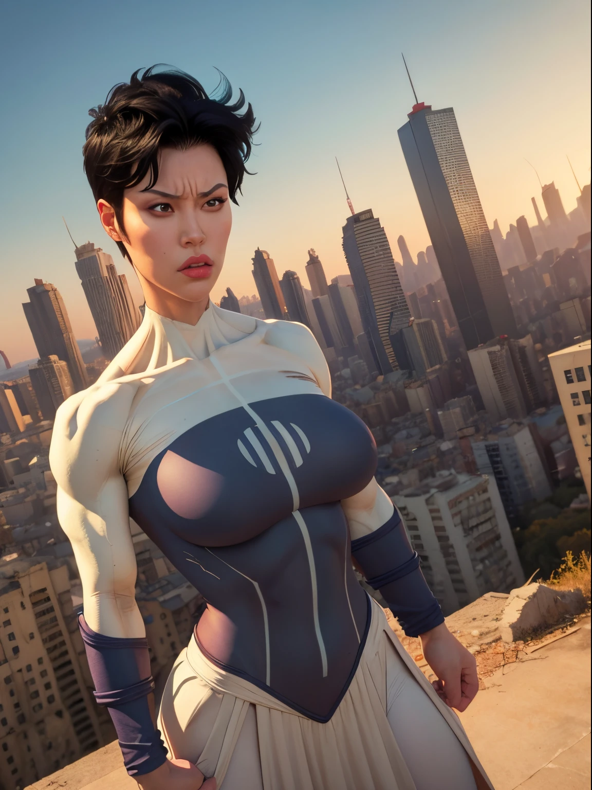 masterpiece, best quality, 1girl, anissa, solo, black hair, short hair, huge breasts, muscular, bodysuit, hands on hips, destroyed city, ruined city background, angry, red eyes