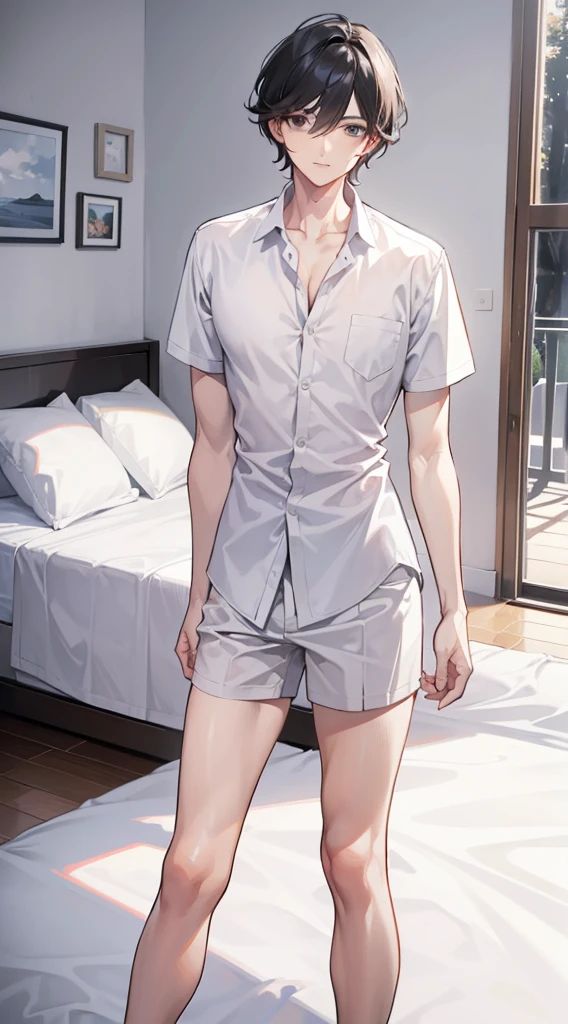 (of a man)，schoolboy，mature，gorgeous hairstyle，Handsome face，long leges，Long white shirt，Bedrooms