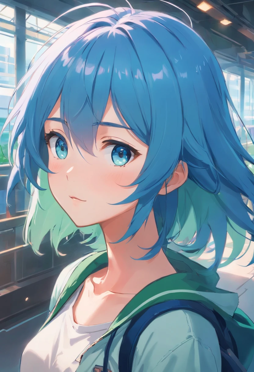 Blue hair,girl,Small under the chest,eBlue eyes,green color,Mild tones,Long gray hair