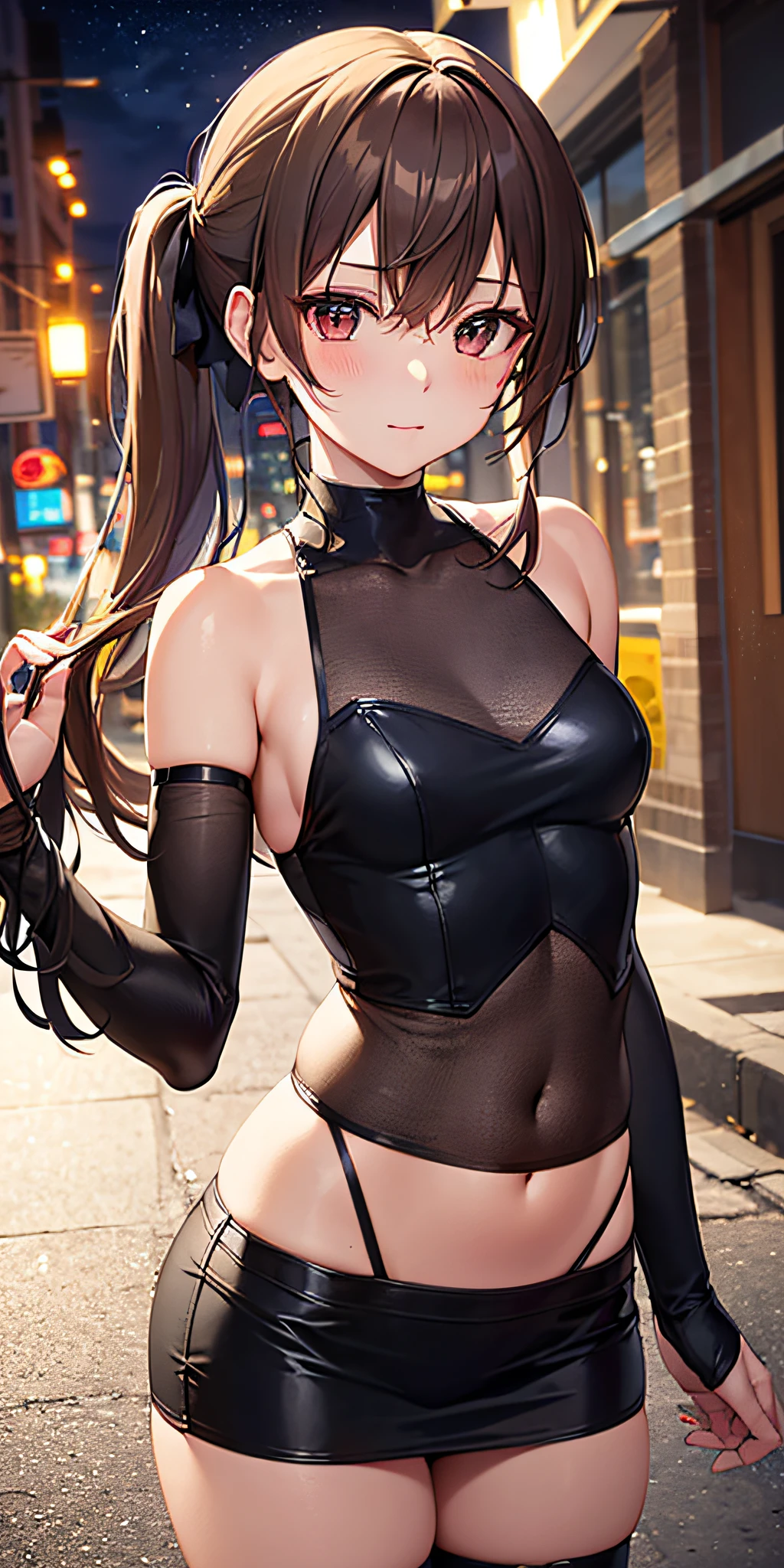 (((professional: step by step, considering even the smallest detail god level final result))): "Zettai Ryouiki, with medium light brown hair and two pigtails above her ears, 50% Revealing clothing, Show skin, ((Rave short shirt, very Low-cut shirt, Rave cowboy miniskirt, Visible thong straps)), (with a rave outfit:1.2, 30% Rave clothing), (Detailed outfit, Detailed clothing), (sexy walking pose), Solo focus, embarrassed, centered, Scale to fit dimensions, Rule of thirds, ((Night view)),(cyberpunk night street Background: 1.3, dark sky, alley, lonely alley, clouds thick, Background with intricate details), (Best quality),(high resolution),(Sharp focus),(full intricate details),(Very high quality artwork),(very fine 8K CG),((perfect piece) ), (((Masterpiece))), illustration, vibrant colors, high contrast, selective lighting, double exposure, HDR (high dynamic range), Post-processing, Background blur, transparent drees"