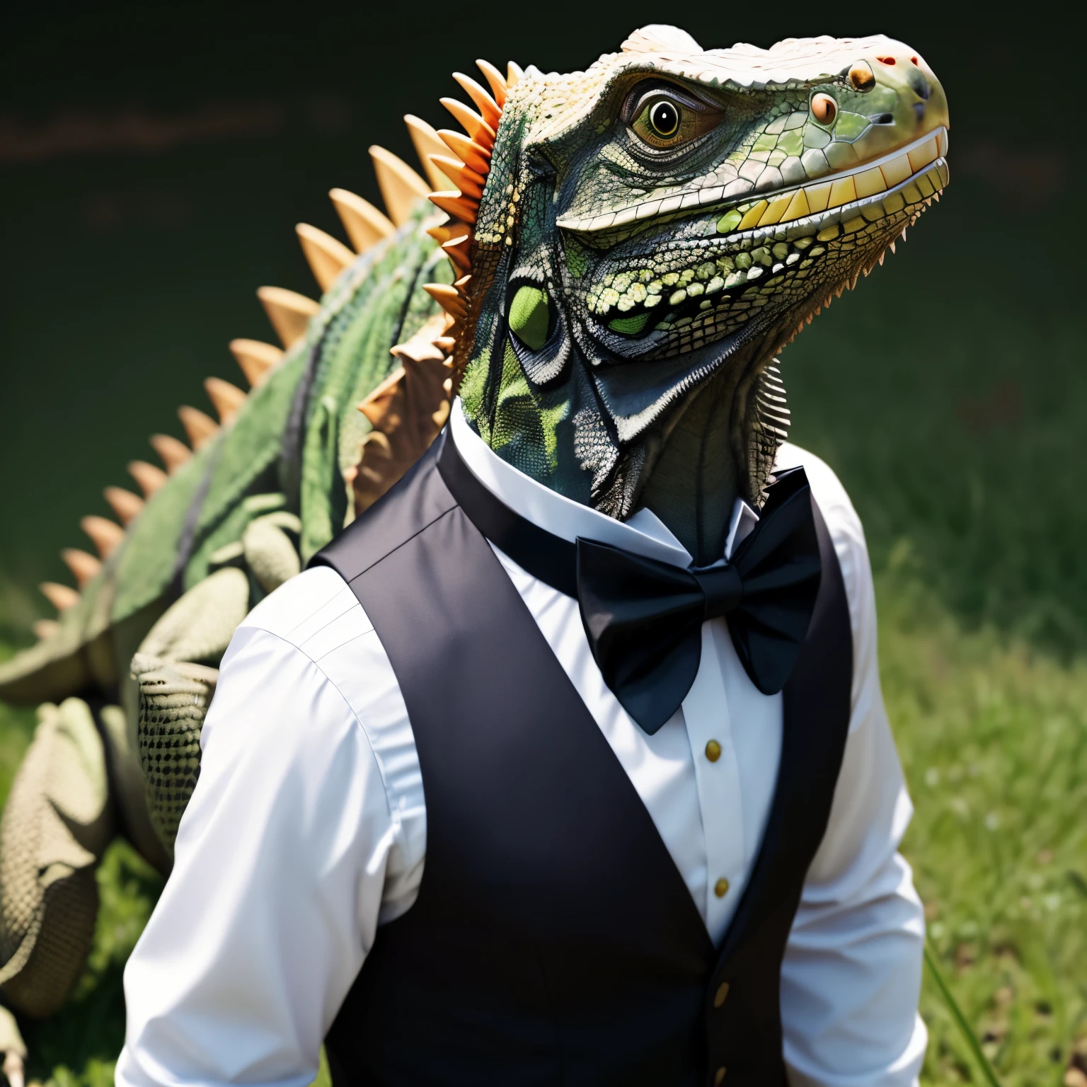 Lizard wearing a vest and bow tie standing in a field, Dragon - Inspired Suit, corporaptor human eyes, Lizard man, Antro lizard, reptile, Angry Gecko English gentleman, Lizardman, Reptile Warrior, Inspired by Adam Rex, captured on canon eos r 6, Antro gecko, Allosaurus, reptile
