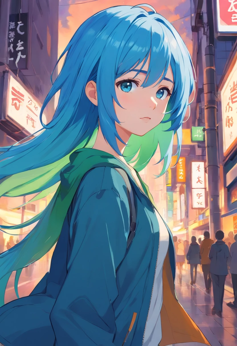 Blue hair,girl,Small under the chest,eBlue eyes,green color,Mild tones,Long gray hair