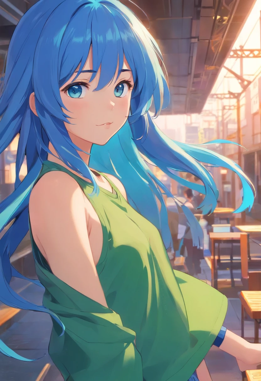 Blue hair,girl,Small under the chest,eBlue eyes,green color,Mild tones,Long gray hair