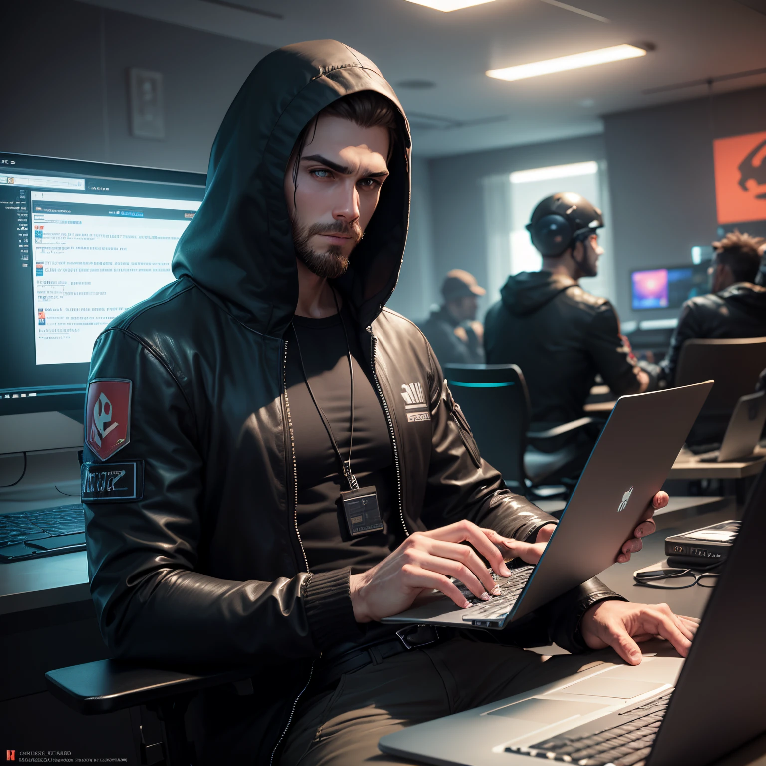 Realistic successful man coding on laptop in game room, ArtStation Trends, Cyberpunk concept art, Highly detailed, Convoluted, Digital Art, 8 K , 1 male, twinks, hacker