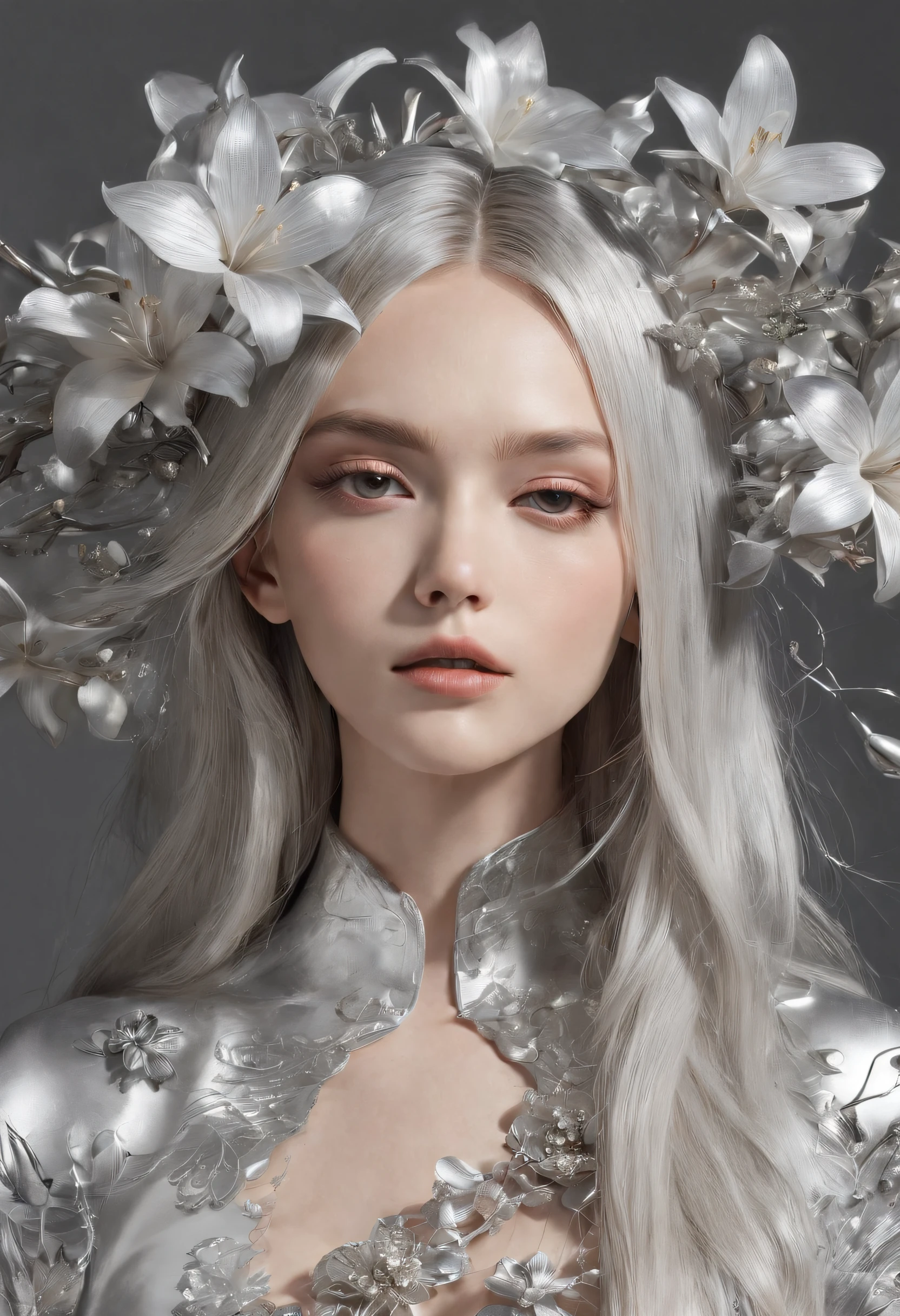 masutepiece、best composition、Photorealsitic、A hyper-realistic、Metal Flowers、born of god&#39;beautiful buds、Beautiful goddess with long silver hair。, Huge, metallic flower.