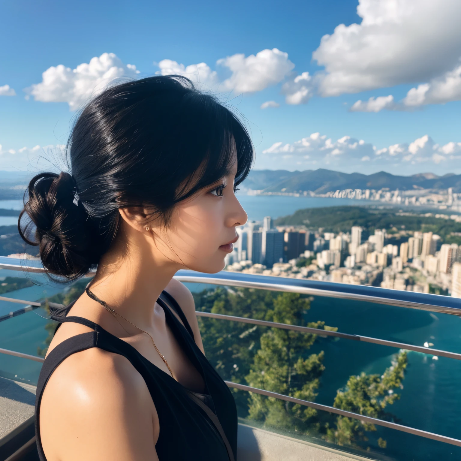 profile、woman looking at the spectacular view、A dark-haired