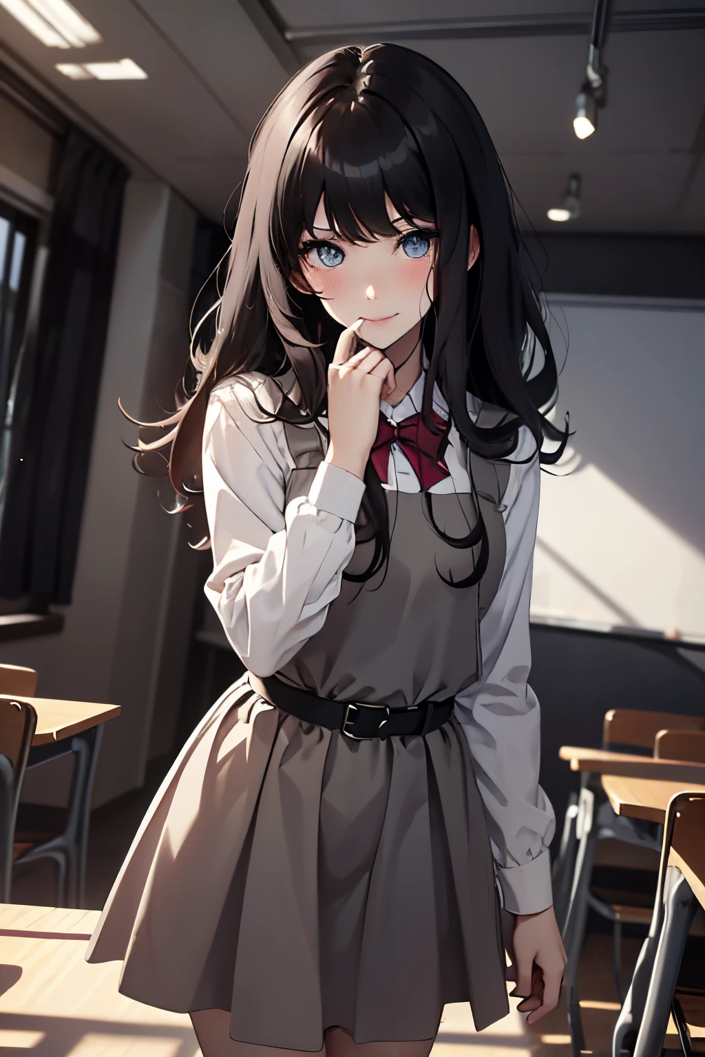 ((masterpiece,best quality)), highres, extremely detailed 8K wallpaper, depth_of_field, best shadow, (Colorful),(Delicate eyes and face), Perfect hands, (no lighting), Ray tracing, BREAK
(1girl), touko, long hair, black hair, gray eyes, slender, skinny, medium breasts, bangs, (full-face blush), slender, skinny, best smile, BREAK,
standing, perfect hands, BPD,((black pinafore dress)),long skirt,red bowtie,belt, BREAK,
Cowboy Shots and knee, school, classroom, (((night time))), ((dark backgrounds:1.6)),