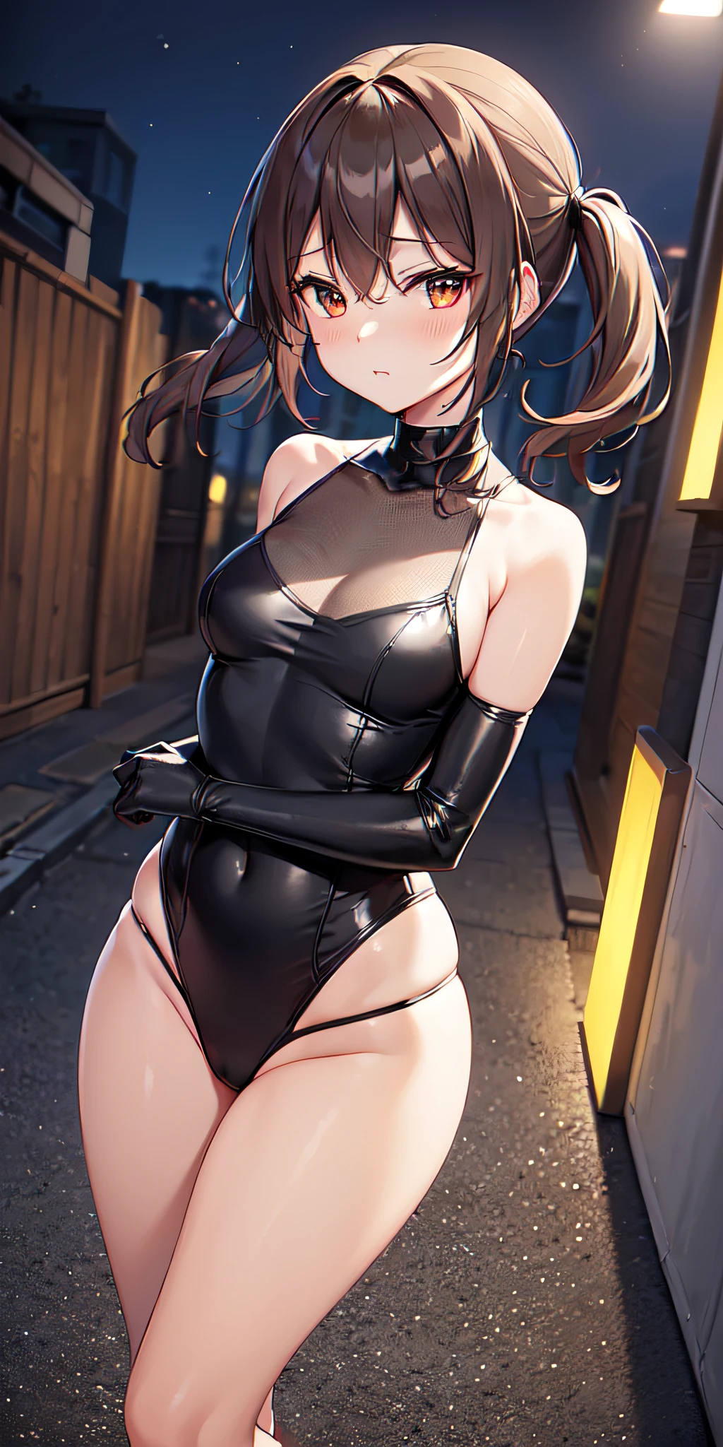 (((professional: step by step, considering even the smallest detail god level final result))): "Zettai Ryouiki, with medium light brown hair and two pigtails above her ears, 50% Revealing clothing, Show skin, ((Rave short shirt, very Low-cut shirt, Rave cowboy miniskirt, Visible thong straps)), (with a rave outfit:1.2, 30% Rave clothing), (Detailed outfit, Detailed clothing), (sexy walking pose), Solo focus, embarrassed, centered, Scale to fit dimensions, Rule of thirds, ((Night view)),(cyberpunk night street Background: 1.3, dark sky, alley, lonely alley, clouds thick, Background with intricate details), (Best quality),(high resolution),(Sharp focus),(full intricate details),(Very high quality artwork),(very fine 8K CG),((perfect piece) ), (((Masterpiece))), illustration, vibrant colors, high contrast, selective lighting, double exposure, HDR (high dynamic range), Post-processing, Background blur, transparent drees"
