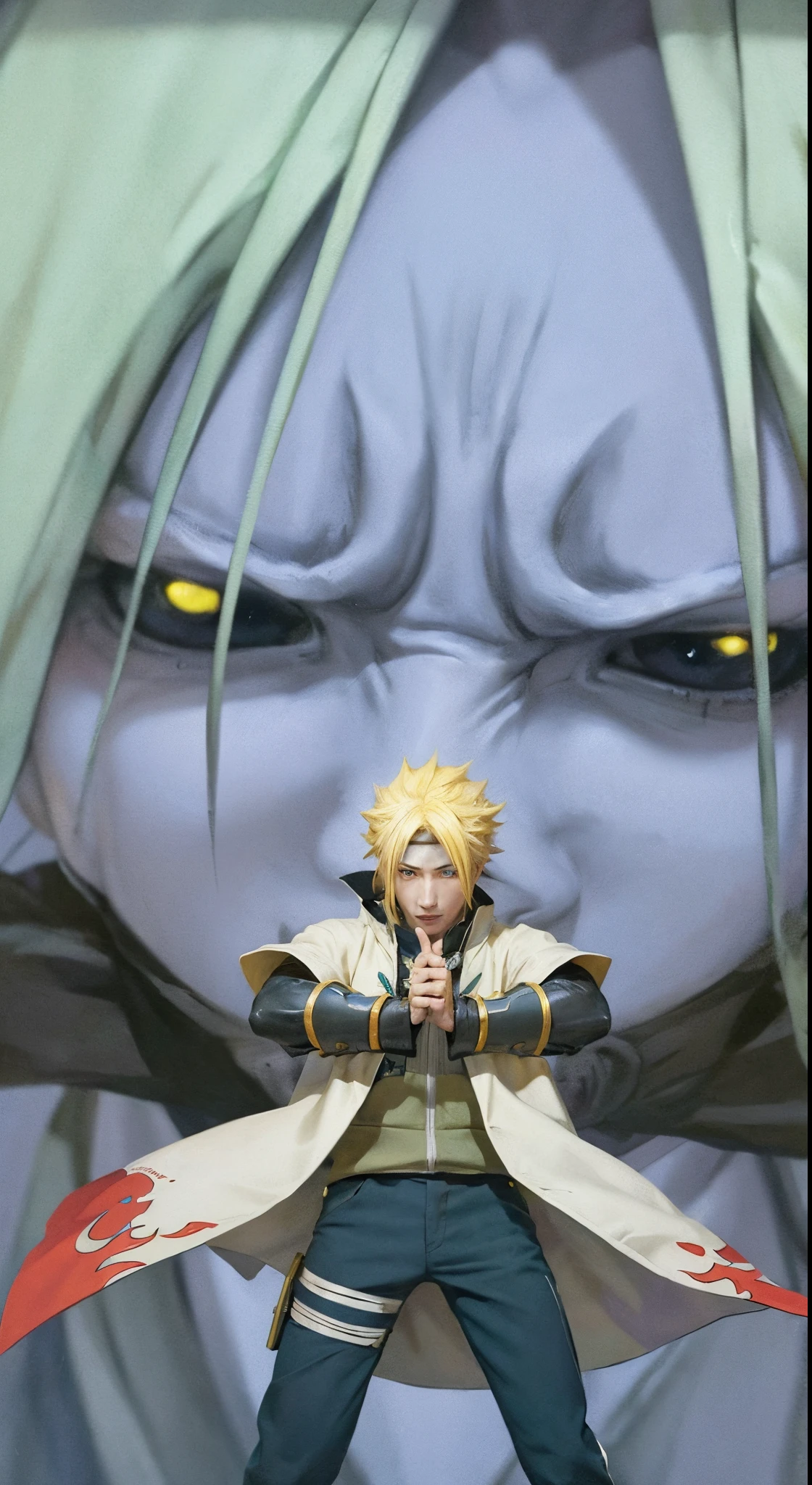 1male, namikaze in anime naruto shippuden, short hair , yellow hair, blue eyes, handsome, white clothes, realistic clothes, detail clothes, devil background, ultra detail, realistic