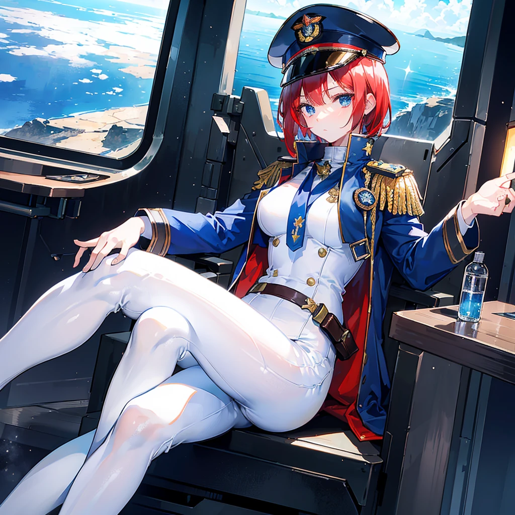 ((Masterpiece)), ((Highest Image Quality)), ((Best Quality)), (Illustration of One Girl), Full Body, 25 Years Old, Short Red Hair, (Thin Hair on Both Sides of Face), Blue Eyes, (((Tall)), ((Muscular Strong Body)), ((Manspreading)), Open Legs, (((Military Uniform)), (Military Hat)), (Military Coat)), (White Clothes), (White Pants), (White Hat), Trench Coat, ((Inside the spaceship, sitting in the captain's seat)), (outside the window, space, Earth seen from space, spaceport)