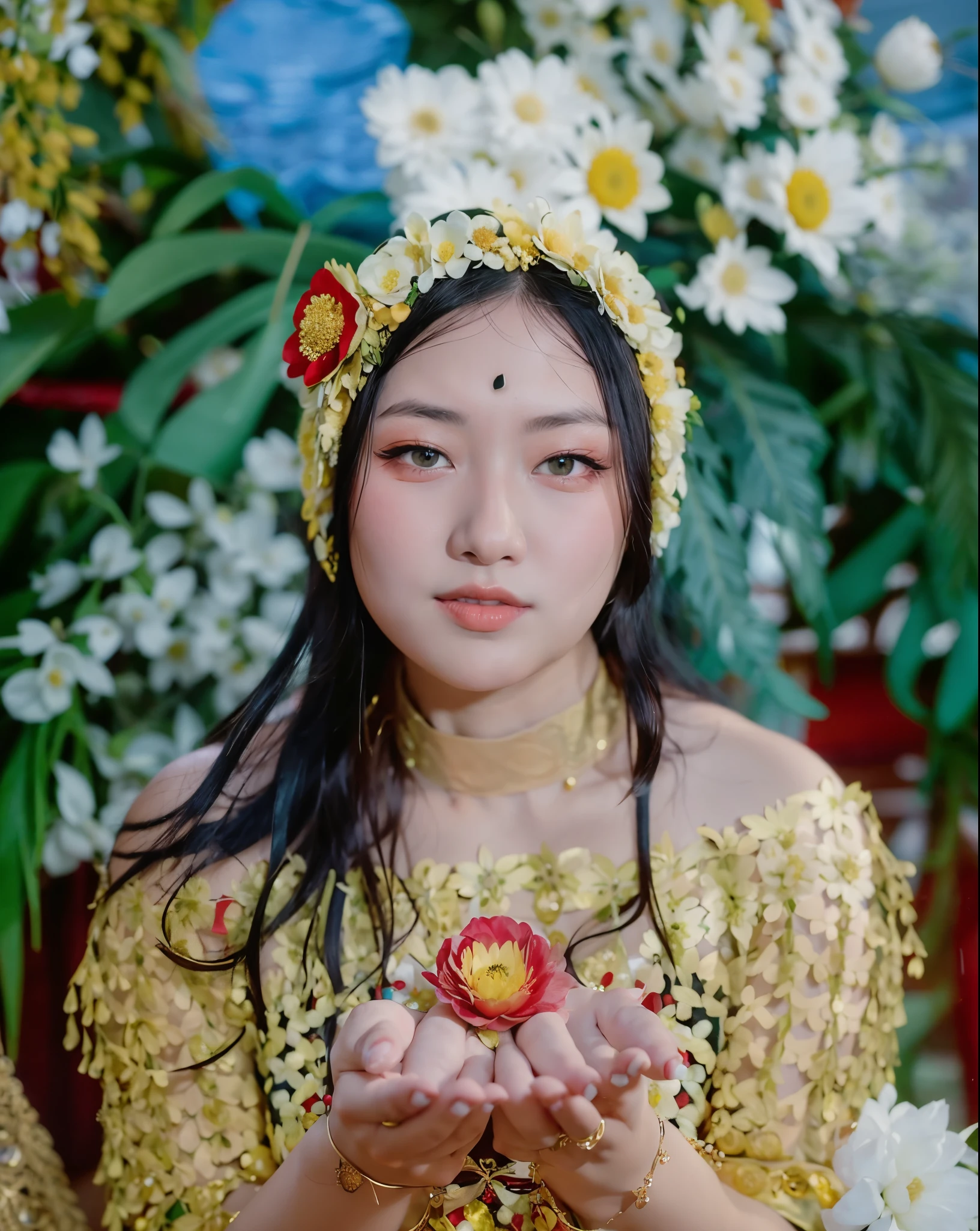 there is a young girl holding a flower in her hands, portrait of modern darna, shot on nikon z9, a young asian woman, turban of flowers, captured on canon eos r 6, wearing a flower headpiece, traditional beauty, lotus floral crown girl, shot on canon eos r5, shot on canon eos r 5, girl with a flower head