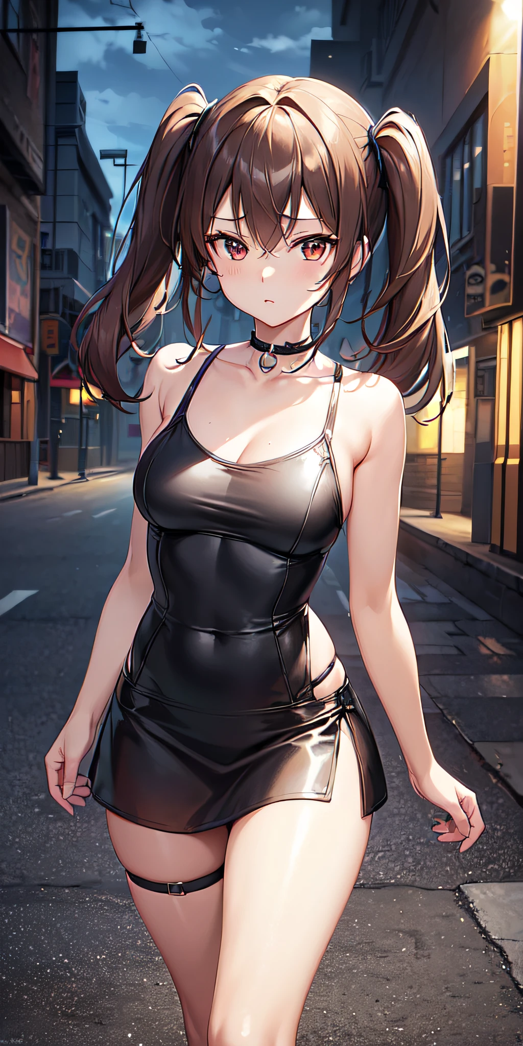 (((professional: step by step, considering even the smallest detail god level final result))): "Zettai Ryouiki, with medium light brown hair and two pigtails above her ears, 50% Revealing clothing, Show skin, ((Rave short shirt, very Low-cut shirt, Rave cowboy miniskirt, Visible thong straps)), (with a rave outfit:1.2, 30% Rave clothing), (Detailed outfit, Detailed clothing), (sexy walking pose), Solo focus, embarrassed, centered, Scale to fit dimensions, Rule of thirds, ((Night view)),(cyberpunk night street Background: 1.3, dark sky, alley, lonely alley, clouds thick, Background with intricate details), (Best quality),(high resolution),(Sharp focus),(full intricate details),(Very high quality artwork),(very fine 8K CG),((perfect piece) ), (((Masterpiece))), illustration, vibrant colors, high contrast, selective lighting, double exposure, HDR (high dynamic range), Post-processing, Background blur, transparent drees"