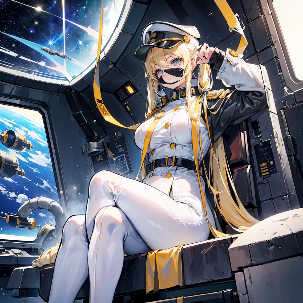 (((masterpiece)))、(((Top image quality)))、(((top-quality)))、(Illustration of one woman)、full bodyesbian、30-years old、(((neuter)))、((Blonde twintails))、Light golden eyes、((Tall))、(((Muscular and strong body)))、(((Split abs)))、(((muscular and thick arms)))、(((muscular and thick legs)))、(((manspreading)))、opening legs、((Military uniforms))、((Military Cap))、((Military coat))、(white clothes)、(White pants)、(White cap)、trench coat、((Inside the spaceship、Sitting in the captain's seat))、(Outside the window、Earth seen from space)