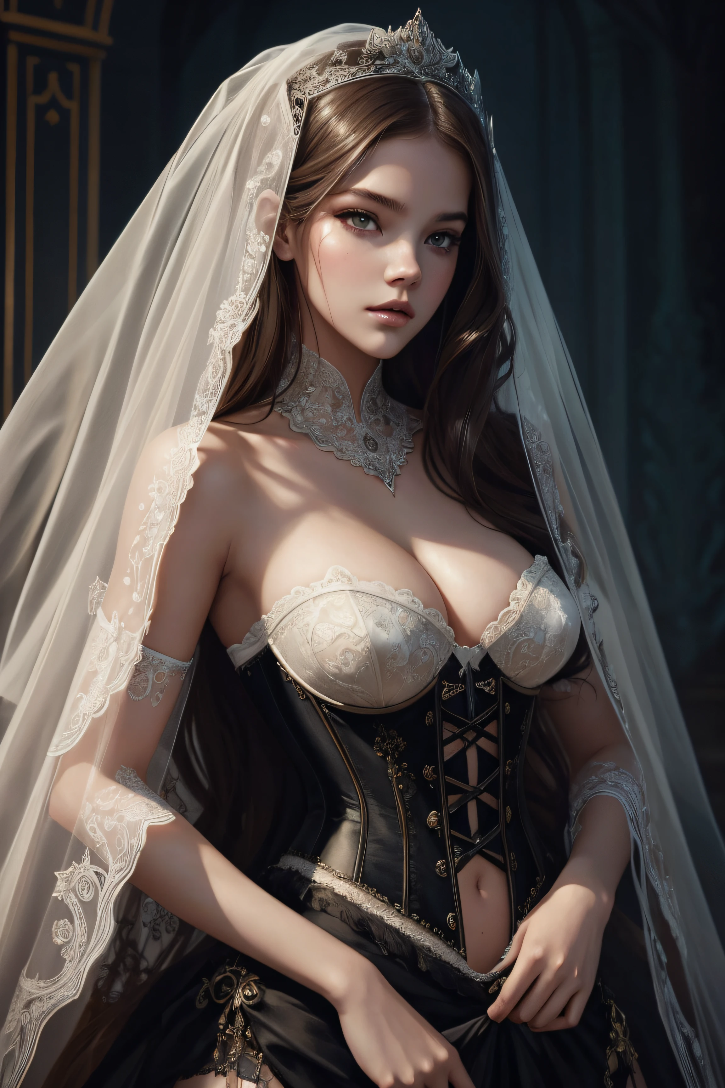 Barbara Palvin, veil bride corset, character portrait, 4 9 9 0 s, long hair, intricate, elegant, highly detailed, digital painting, artstation, concept art, smooth, sharp focus, illustration, art by wlop, charlie bowater and alexandra fomina