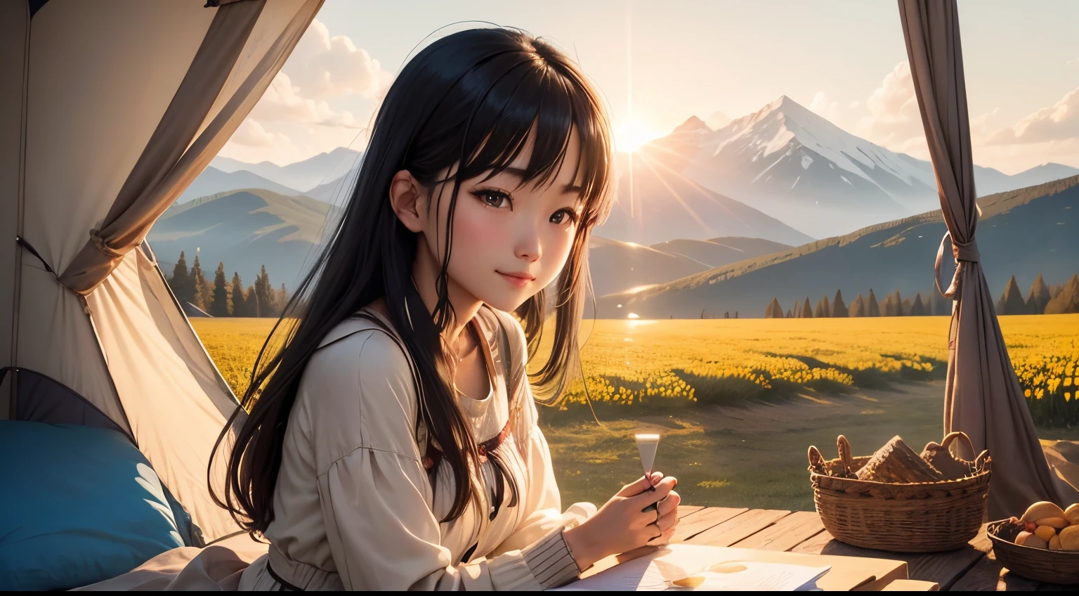 high-resolution photo、campsite、mont々A beautiful plateau surrounded by、The afternoon sun feels nice。Smiling Woman、I'm about to give you a present、Beautifully wrapped present。dressed casually、woman coming to camp。Autumn steppe、Meadow Campsites、I can see the tent、mont々Autumn leaves、serene ambiance。Small bonfire、Camping Chair、no person。