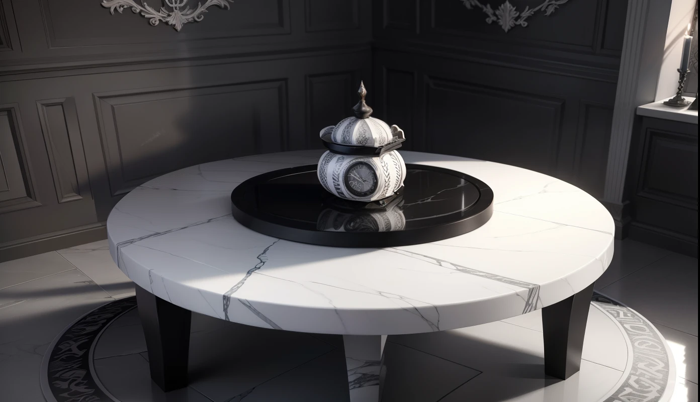 table ronde carrelage noir et blanc damier, papier encre dessin dragon, pierres mur bougies, horloge aiguilles