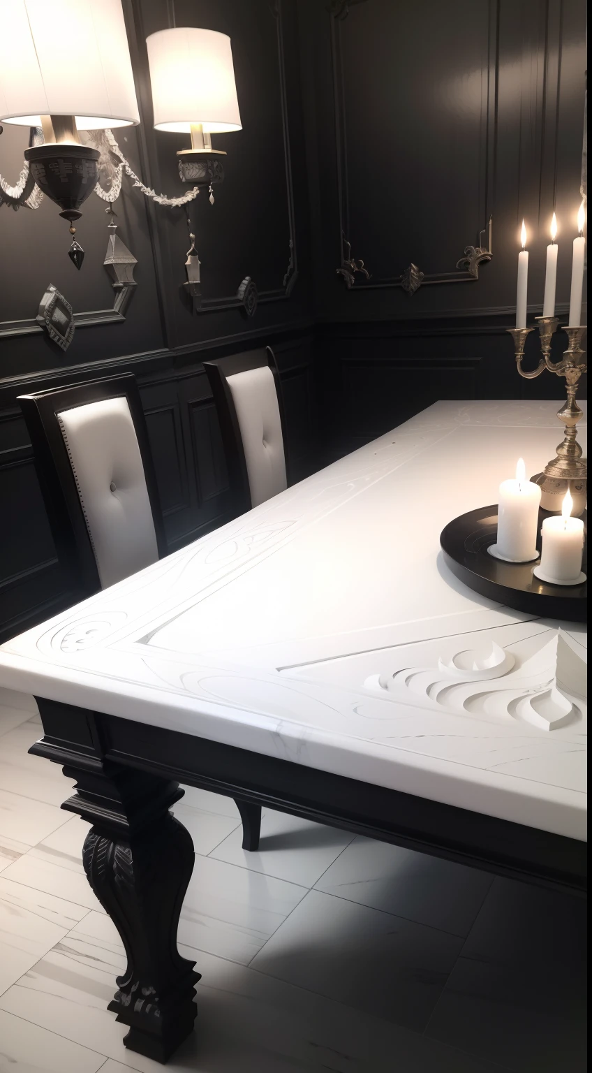 table ronde carrelage noir et blanc damier, papier encre dessin dragon, pierres mur, bougies, bougeoir, chandeliers, médiévale bois