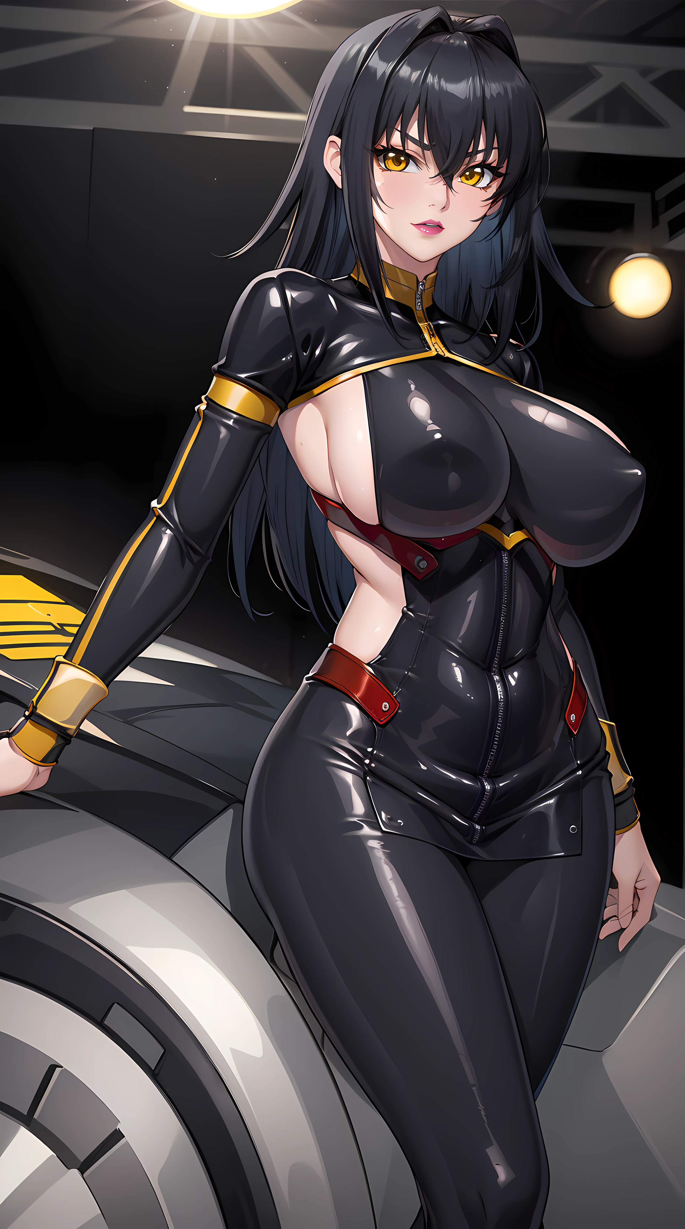 professional artwork, Intricate Details, field of view, sharp focus, detailed painting, photorealistic lighting, trending on pixiv, (masterpiece:1.0),(best_quality:1.0), ultra high res,4K,ultra-detailed, photography, 8K, HDR, highres, absurdres:1.2, Kodak portra 400, film grain, blurry background, bokeh:1.2, lens flare, (vibrant_color:1.2),
Annerose, 1girl, female mature, ((plain black hair:1.5), long hair), yellow eyes, large breasts, bodysuit, shiny clothes, skin tight, hair intakes, covered breasts, pose invited, looking at viewer, sideboobs, happy,
simple plain background, (solo:1.5),