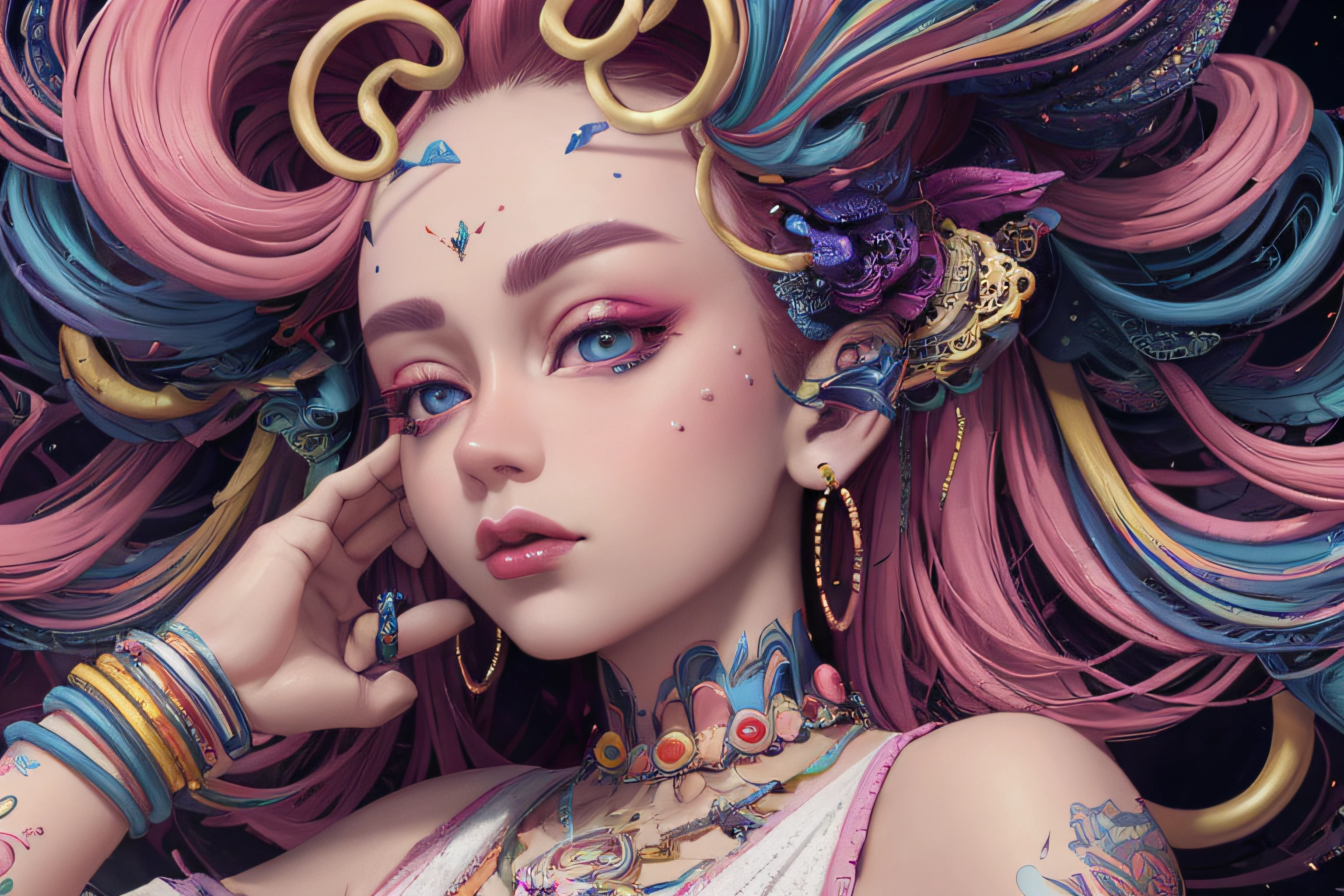 a close up of a woman with colorful hair and piercings, 8k high quality detailed art, 4k highly detailed digital art, fantasy art style, deviantart artstation cgscosiety, stunning digital illustration, cute detailed digital art, exquisite digital illustration, inspired by Yanjun Cheng, beautiful digital artwork, vibrant fantasy style, detailed fantasy digital art