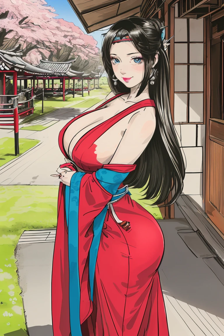 (Best quality, 4k, Masterpiece), hyper realistic, ultra-detailed face, perfect face, perfect eyes, extremely detailed beautiful eyes, shiny eyes, detailed hands and fingers, detailed, cinematic lighting, ((very busty Japanese samurai lady :1.2)), ((thick flowing very long black hair:1.2)), ((side locks, hair tube, hair rings)), curtain bang, beautiful eyes, glossy lipstick, ((coloured lipstick)), big lips, full lips, blue eyes, ((mature woman)), (Voluptuous), (Curvaceous:1.3), (Bimbo), (Milf), ((full body)), (simple smile), sexy, feminine, seductive, alluring, enigmatic, ((gigantic massive natural breasts:1.5)), ((very saggy hanging breasts:1.5)), ((bursting cleavage)), narrow waist, wide hips, thick thighs, huge ass, long legs, scantly samurai armour, katana sword, headband, cherry blossom trees, Japanese shack, detailed background, ((NSFW)), Illustration, anime, ((traditional drawing:1,5)), ((sketch:1.2)), ((cowboy shot))