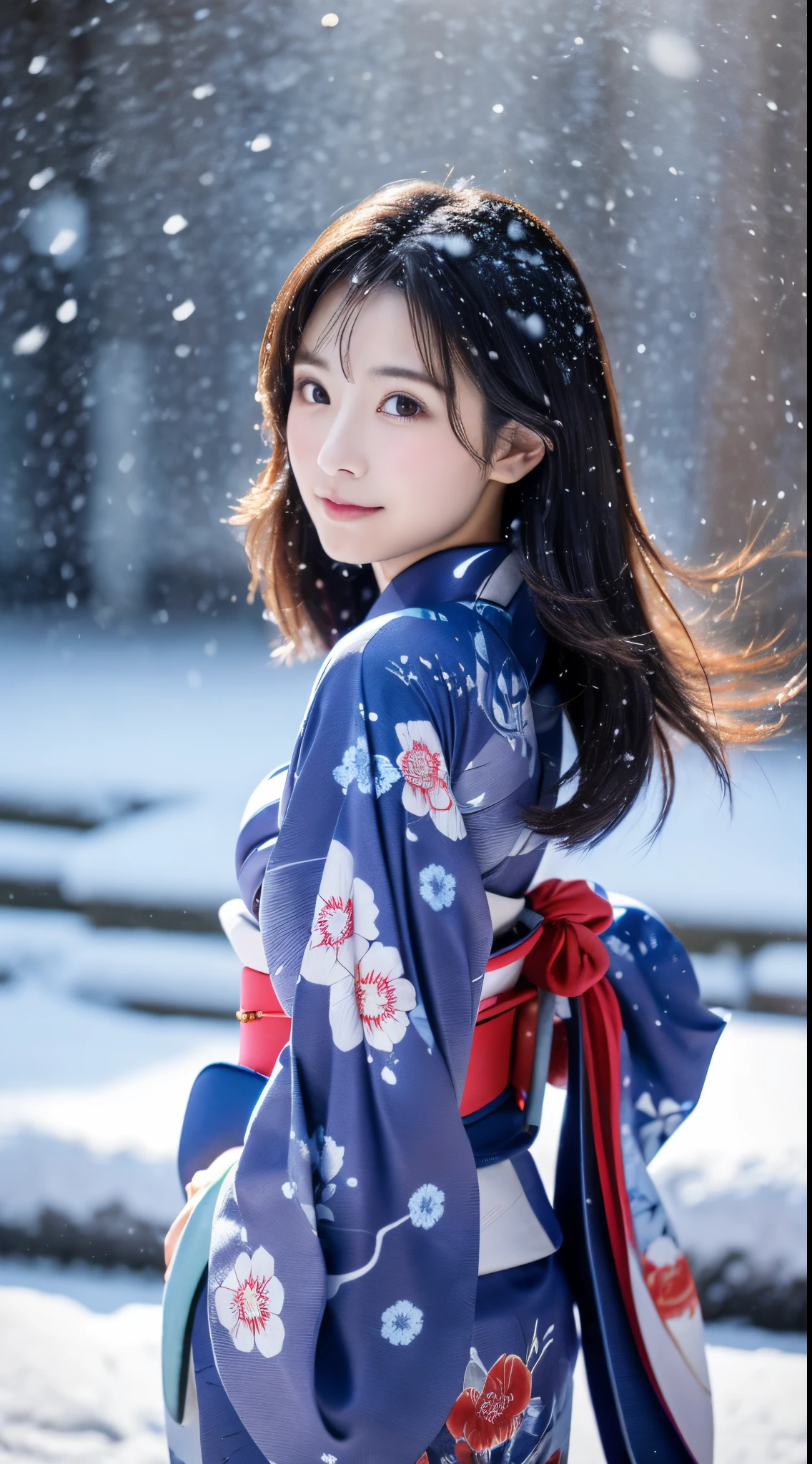 ((Kimono))、(full body Esbian)、(top-quality,​masterpiece:1.3,超A high resolution,),(ultra-detailliert,Caustics),(Photorealsitic:1.4,RAW shooting,)Ultra-realistic capture,A highly detailed、 Skin texture is natural、25-years old、The skin looks healthy with an even tone、 Use natural light and color、One Woman,japanes、A dark-haired,Middle hair,、(Falling snow:1.1)、(Hair swaying in the wind:1.3)、(Snow reflects light)、Light in the eyes、Looking at the camera