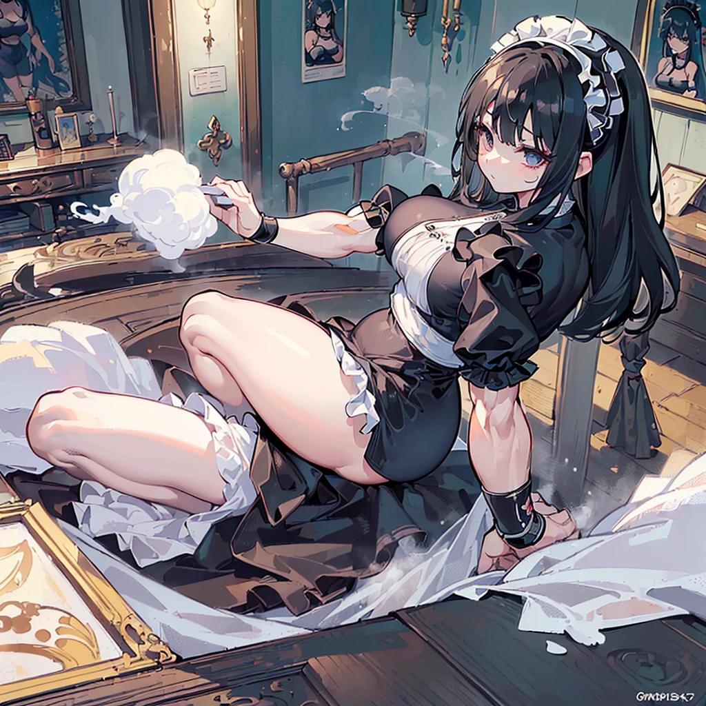(((masterpiece)))、(((Top image quality)))、(((top-quality)))、(((Illustration of one girl)))、(((Muscle Girl)))、(Long black hair)、((Long body))、(((perspiring)))、((Steam wafting all over the body))、(((Muscular and strong body)))、((Split abs))、(((muscular and thick arms)))、(((muscular and thick thighs)))、(((maid clothes)))、Indoors in the morning