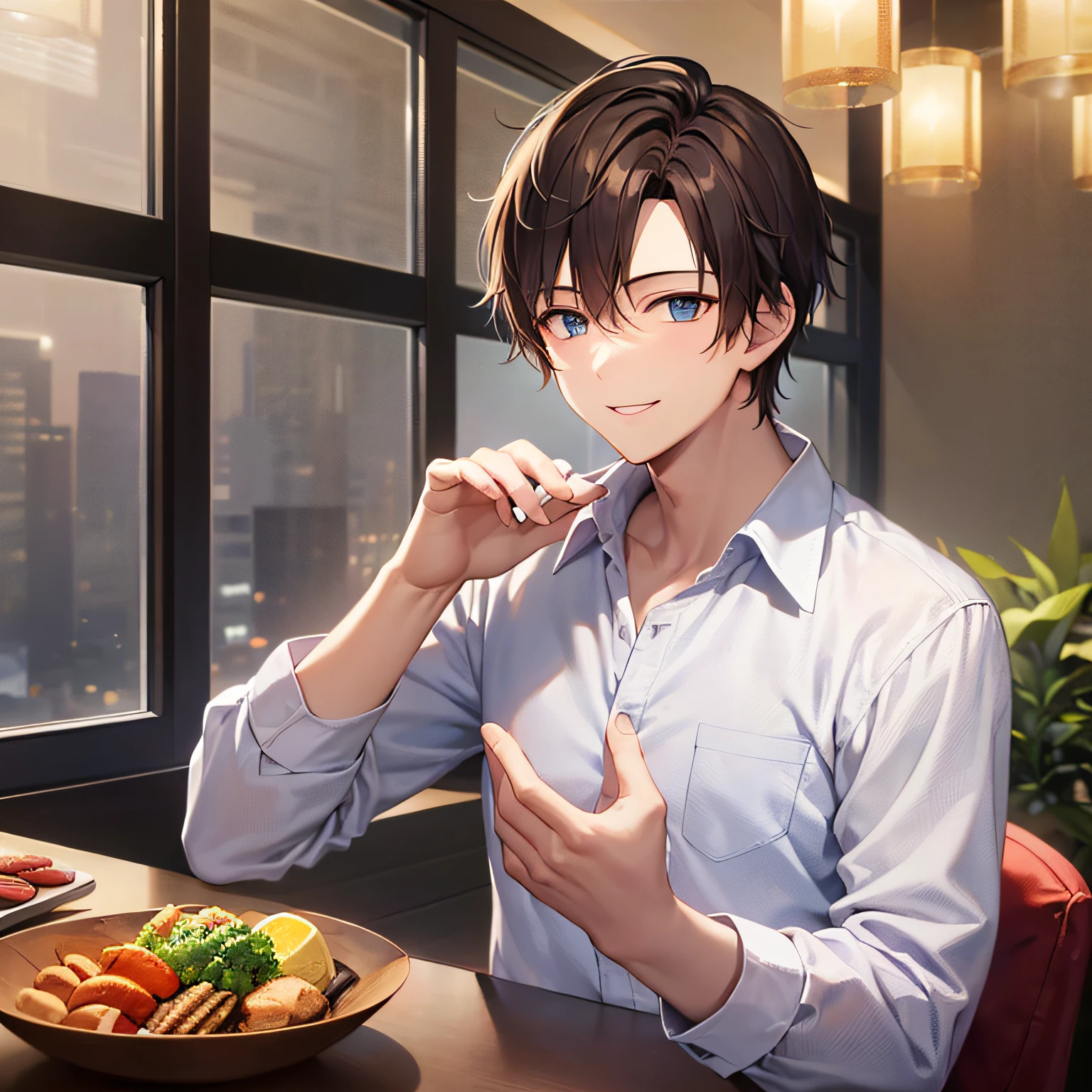 ​masterpiece、hightquality、25 year old man with short brown hair and blue eyes、Like a cartoon in Japan、wearing a white shirt with buttons、(Alone:1.5)、(Smiling expression:1.1)、(Only the upper body is shown.:1.3)、Hands raised、The background is the interior of a luxury restaurant at night.、Eating、Bold composition、