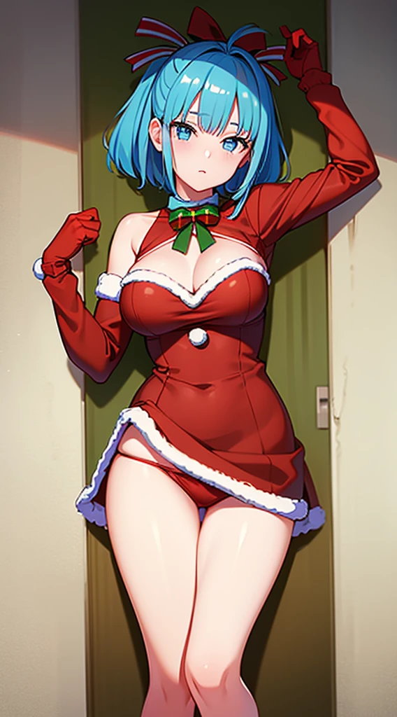 masterpiece, best quality, 1 solo girl, light blue hair, light blue eyes, short hair, wavy hair, Christmas ornaments, medium breasts, mature body and face, red christmas dress, christmas, christmas light, christmas tree, red gloves, red santa skirt, holding gift, red bra, red panty, leg up, cowboy shots, sexy pose, dakimakura, detailed body, face, and eyes, sharp focus, vibrant, creative, dynamic, high definition, high resolution, 8k, (Upscale: R-ESRGAN 4x+ Anime6B), (Image enchance:4x), voluptuous body, hair ribbon