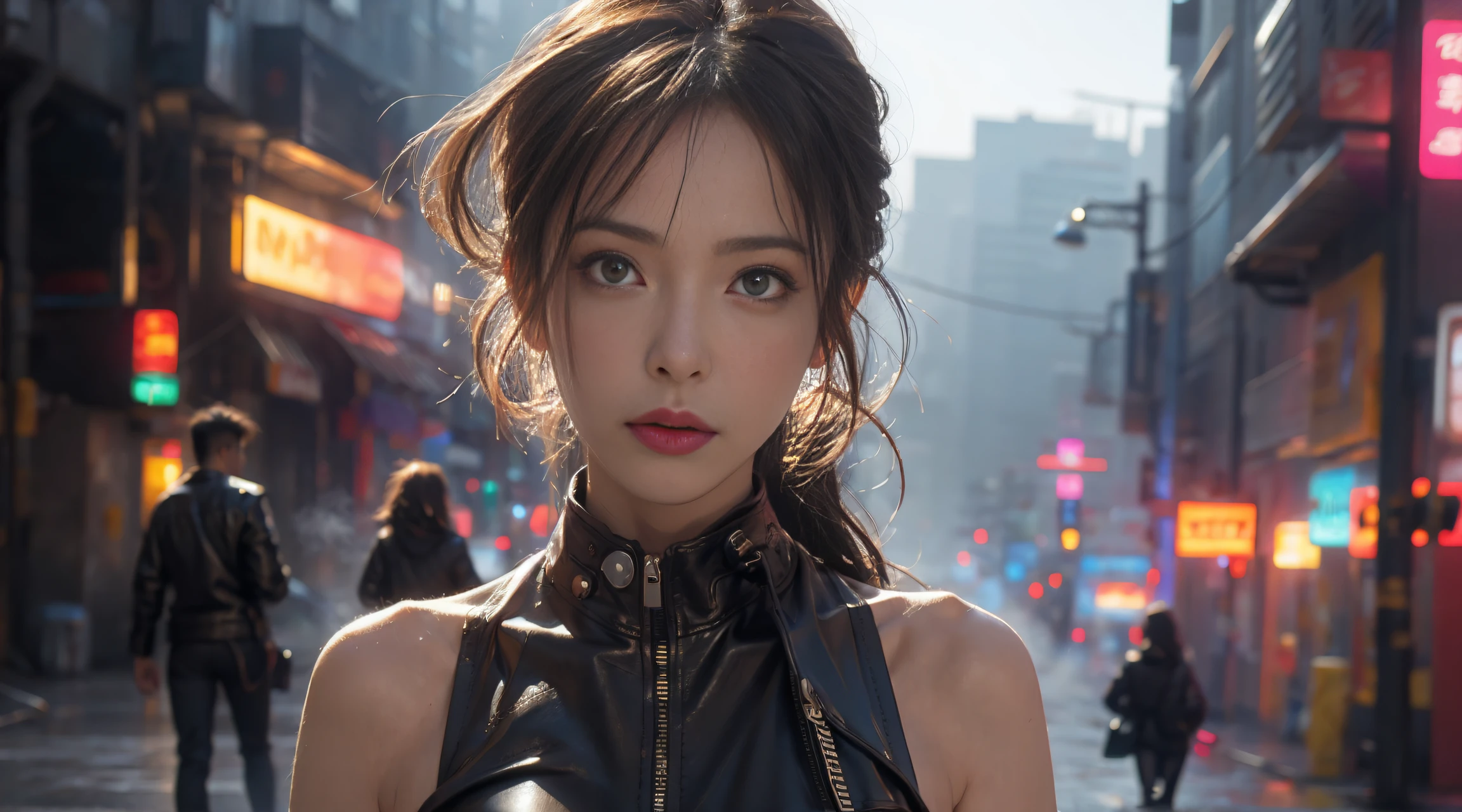 1个Giant Breast Girl,Alone,(3D realistic), Grim expression,mediuml breasts,tight leather clothes,cropped shoulders, hyper HD, 8K,theatrical,(closeup portrait),looking at the camera in,The cities of the future,On the street corner,natta,Sateen,volume fog,steamy,cyber punk style