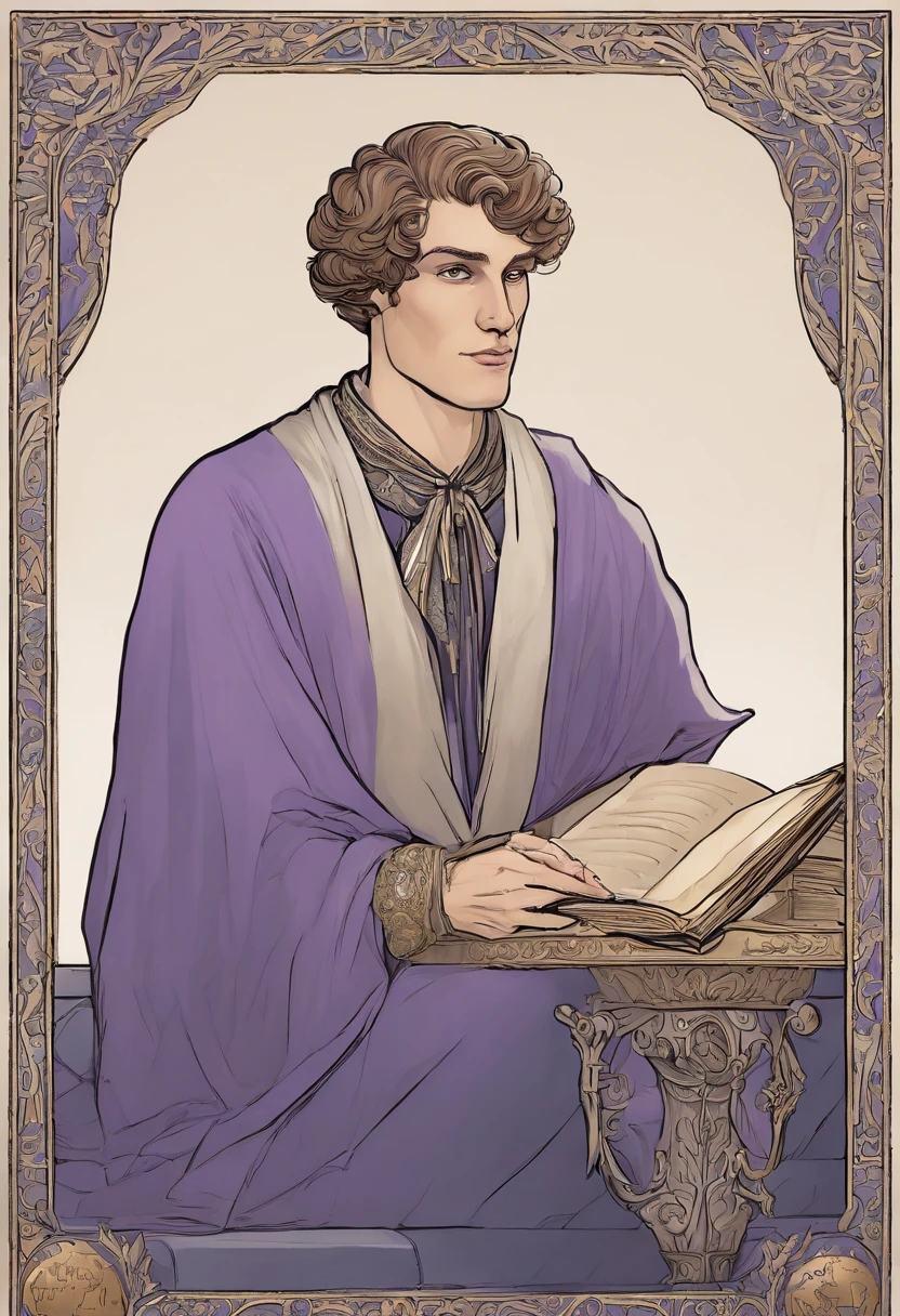 Aemond is sitting in the study of his castle, surrounded by ancient tomes and illuminated by the warm glow of candlelight. He is engrossed in reading a rare and valuable manuscript, his expression a mix of fascination and concentration.,A Song of Ice and Fire,His physical presence is characterized by silver, straight, and well-kept hair cascading down a long and sharp face. A sharp jawline, straight nose, pointed chin, and the unique feature of a missing right eye add to his distinctive appearance. The left eye, a striking lilac hue, draws attention, with the empty right eye socket adorned by a sapphire or concealed by an eyepatch. Thin lips, a pale complexion, and a serious expression complete his visage. Aemond's tall, slim, and lithe build contributes to an overall image of strength and regality.