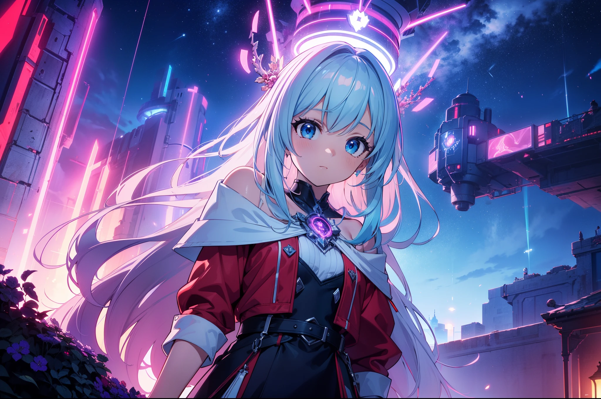 1 cute girl , (scientific city in the sky), concept art, fantasy art, ((red and blue lighting)),cinematic lighting,wide shot, cowboy shot,character focus ,(from below), Dutch angle,night, outdoor , (((sci-f))), high resolution,(incredibly absurdres) ,extremely detailed CG unity 8k wallpaper, ((ultra-detailed)), ((masterpiece)), ((top-quality)), (beautiful illustration), ((an extremely delicate and beautiful))