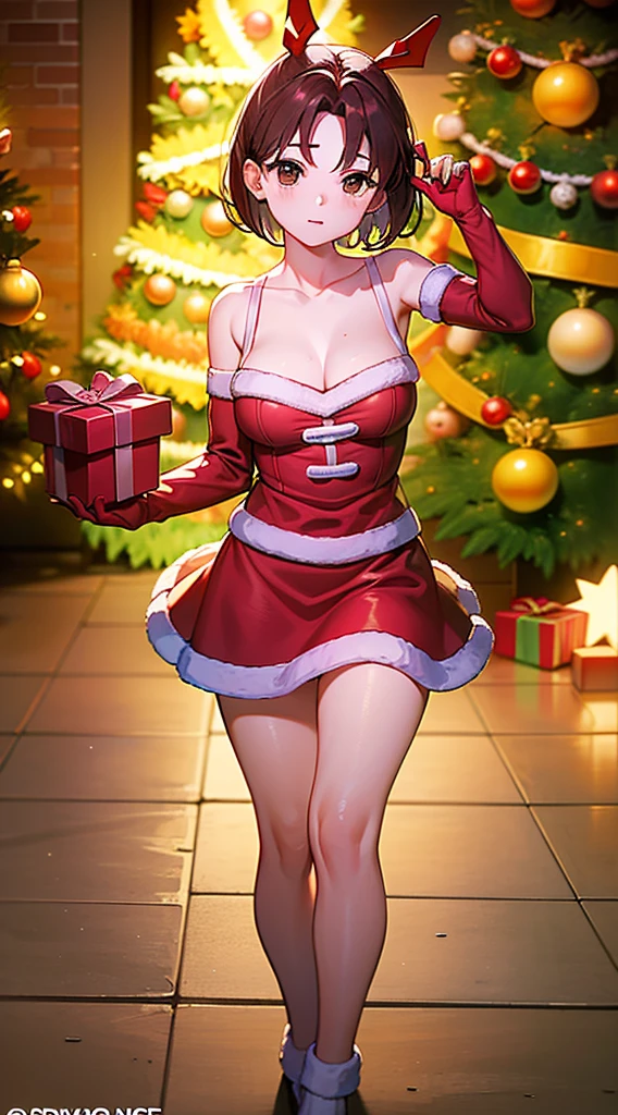 masterpiece, best quality, 1 solo girl, brown hair, brown eyes, short hair, wavy hair, Christmas ornaments, medium breasts, mature body and face, red christmas dress, christmas, christmas light, christmas tree, red gloves, red santa skirt, holding gift, red bra, red panty, leg up, cowboy shots, sexy pose, dakimakura, detailed body, face, and eyes, sharp focus, vibrant, creative, dynamic, high definition, high resolution, 8k, (Upscale: R-ESRGAN 4x+ Anime6B), (Image enchance:4x), voluptuous body, hair ribbon