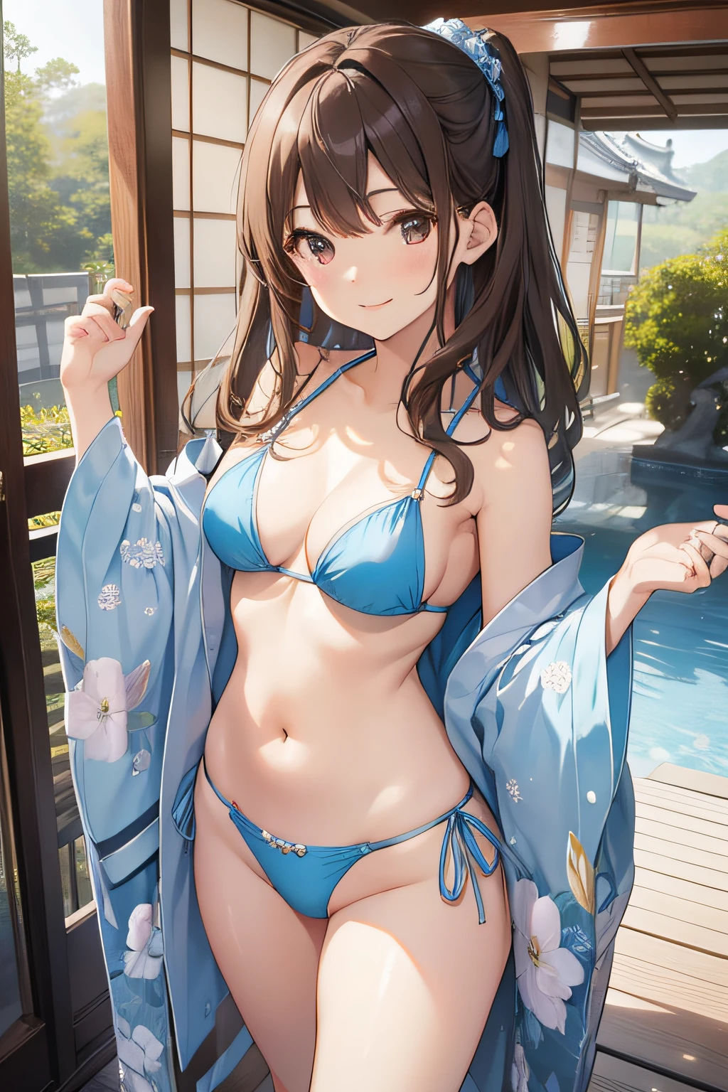 top-quality、extremely delicate and beautiful、japanes、Brown hair、hposing Gravure Idol、Light blue bikini、in her 20s、is standing、a smile、Facing the front