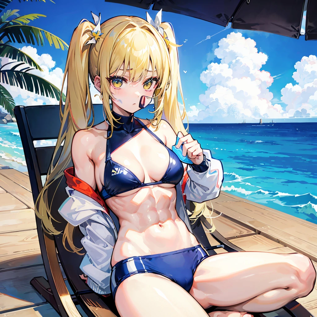 ((masterpiece))、((Top image quality))、((Top image quality))、(((Illustration of one girl)))、(((Muscle Girl)))、((neuter))、((Blonde twintails))、Light golden eyes、((Tall))、(((perspiring)))、((Steam wafting all over the body))、((Muscular and strong body))、((Split abs))、((muscular and thick arms))、((muscular and thick thighs))、((manspreading))、((Sports Swimwear))、Sitting on a deck chair、in poolside