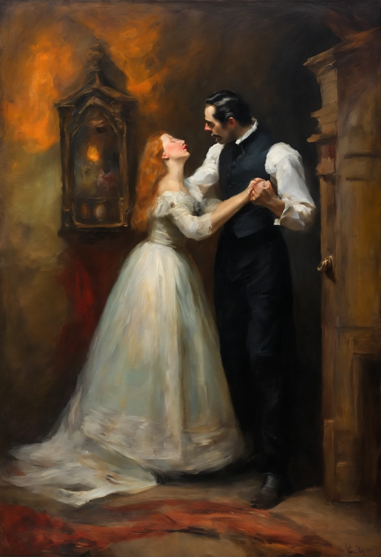 A damsel in distress, scene from a horror film, a beautiful young woman is grabbed from behind by Count Dracula and bitten in the neck. Old dark castle, Victorian era