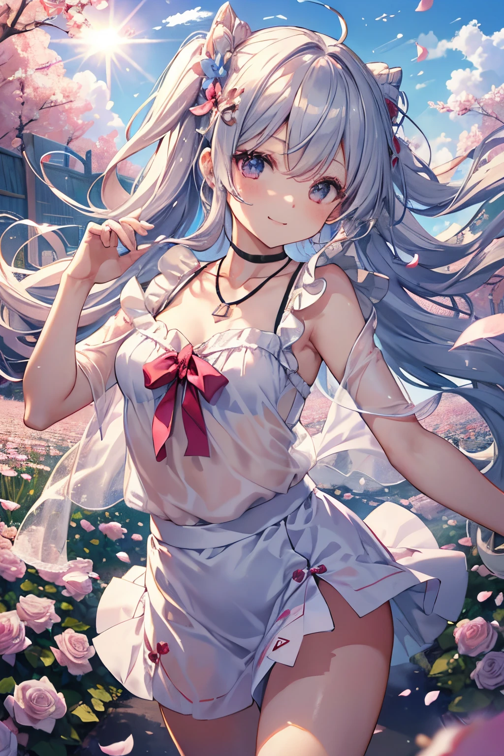A woman in a short dress is standing in a field of flowers - SeaArt AI