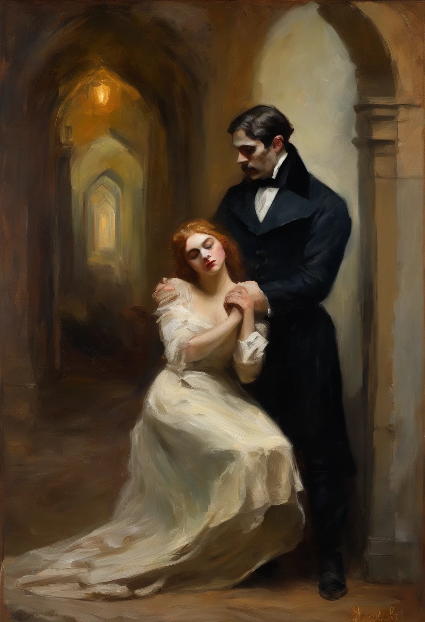 A damsel in distress, scene from a horror film, a beautiful young woman is grabbed from behind by Count Dracula and bitten in the neck. Old dark castle, Victorian era