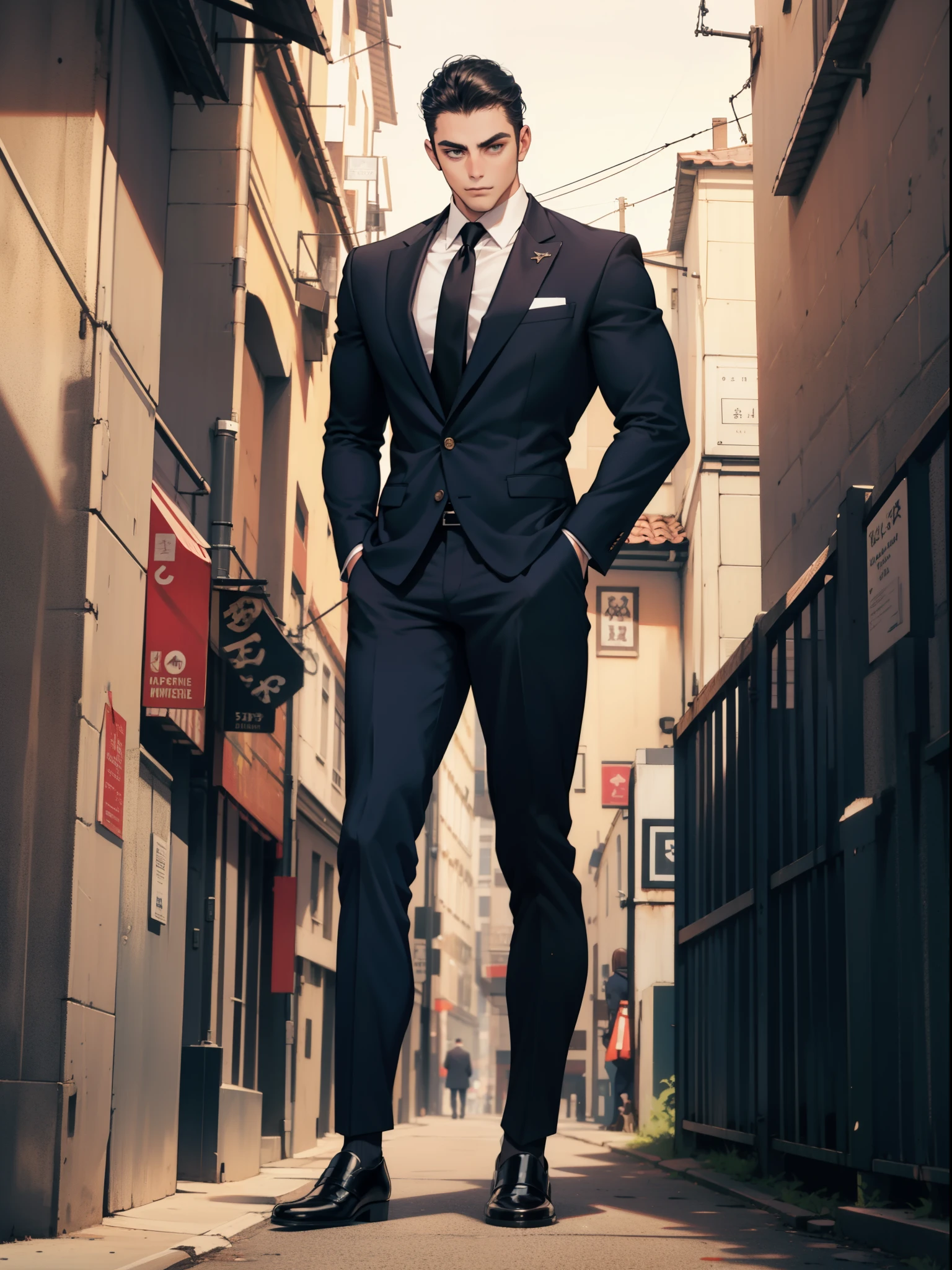 ((1male)), A male to the wall, wear in navy suites, muscle body, Full body like