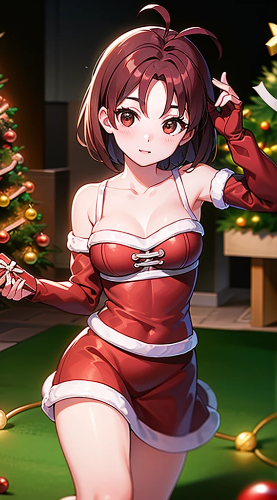 masterpiece, best quality, 1 solo girl, brown hair, brown eyes, short hair, wavy hair, Christmas ornaments, medium breasts, mature body and face, red christmas dress, christmas, christmas light, christmas tree, red gloves, red santa skirt, holding gift, red bra, red panty, leg up, cowboy shots, sexy pose, dakimakura, detailed body, face, and eyes, sharp focus, vibrant, creative, dynamic, high definition, high resolution, 8k, (Upscale: R-ESRGAN 4x+ Anime6B), (Image enchance:4x), voluptuous body,